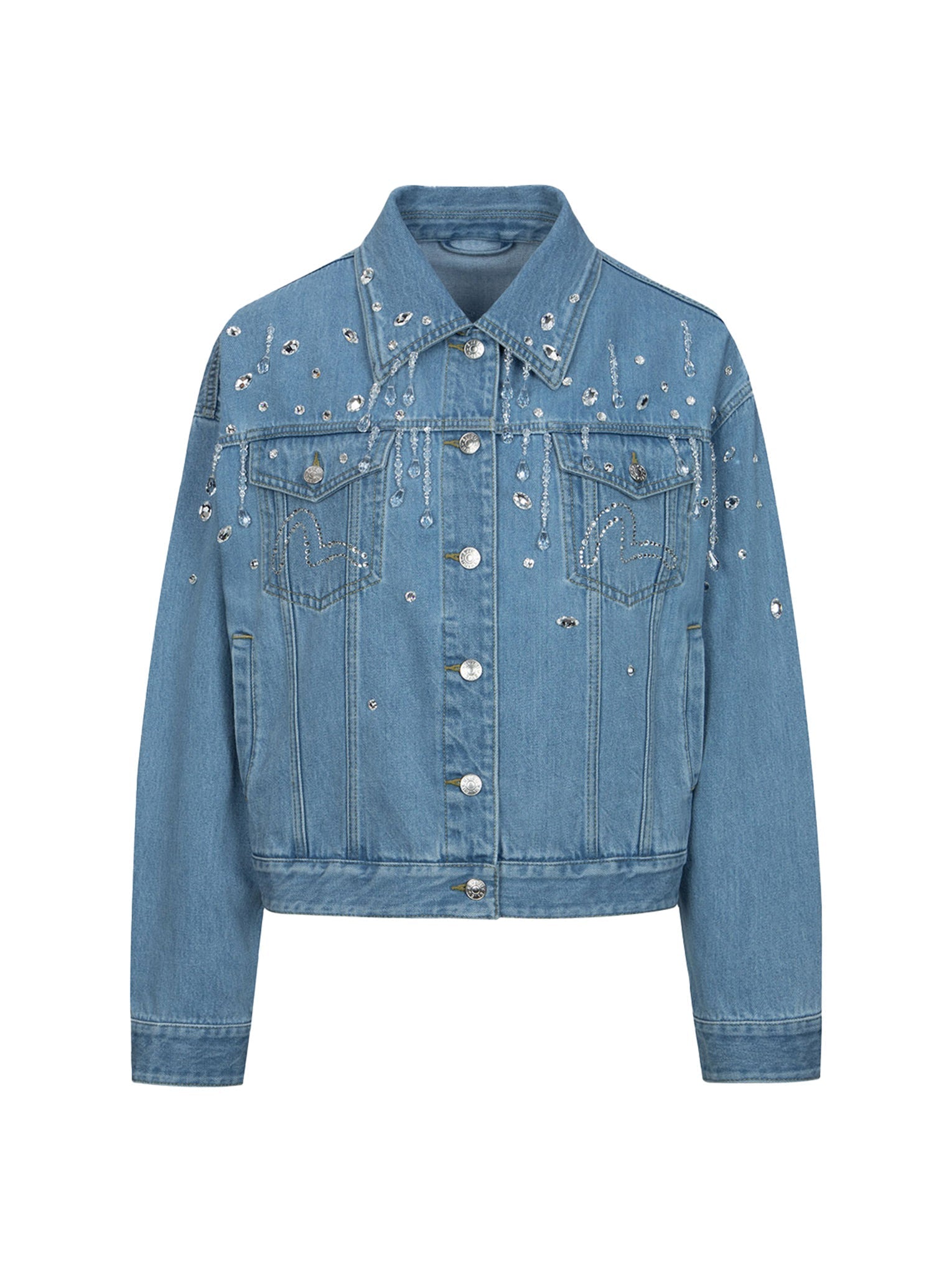 Crystal Embellished Oversized Denim Jacket for Women - Trendy Rhinestone Decorated Distressed Denim Coat - Perfect for Casual Outfits, Parties & Streetwear Fashion