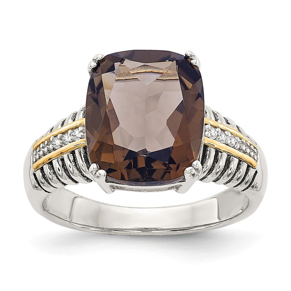 14K Yellow Gold & 925 Sterling Silver Smoky Quartz Diamond Engagement Ring (0.03 CTTW) - Elegant Chocolate Brown Gemstone Ring for Proposal, Wedding, Anniversary Gift