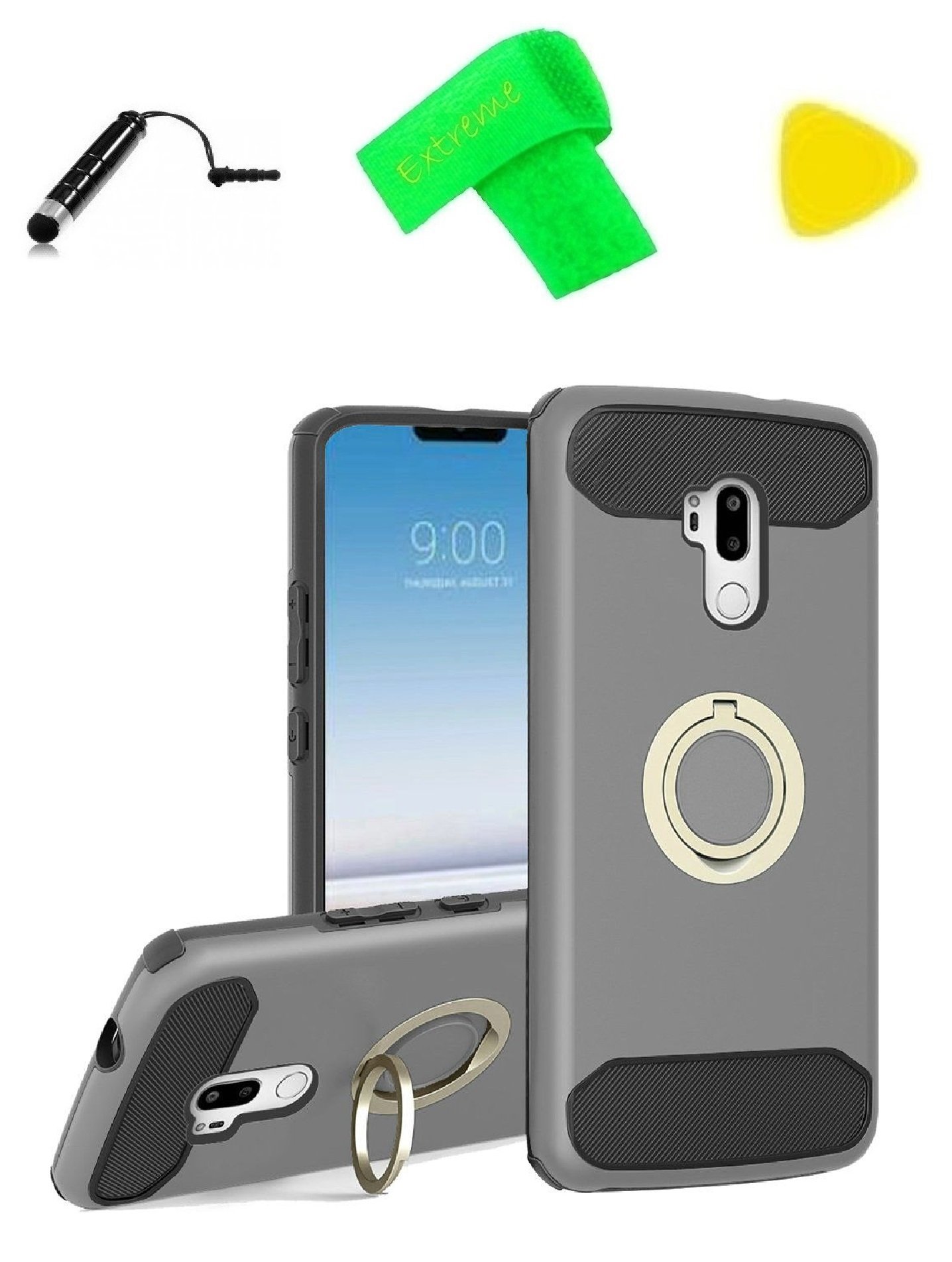 Durable TPU Hybrid Magnetic Ring Stand Phone Case with Extreme Band, Stylus Pen & Pry Tool for LG G7/G7+ ThinQ - Carbon Grey | Perfect for Outdoor Activities, Work & Travel Protection