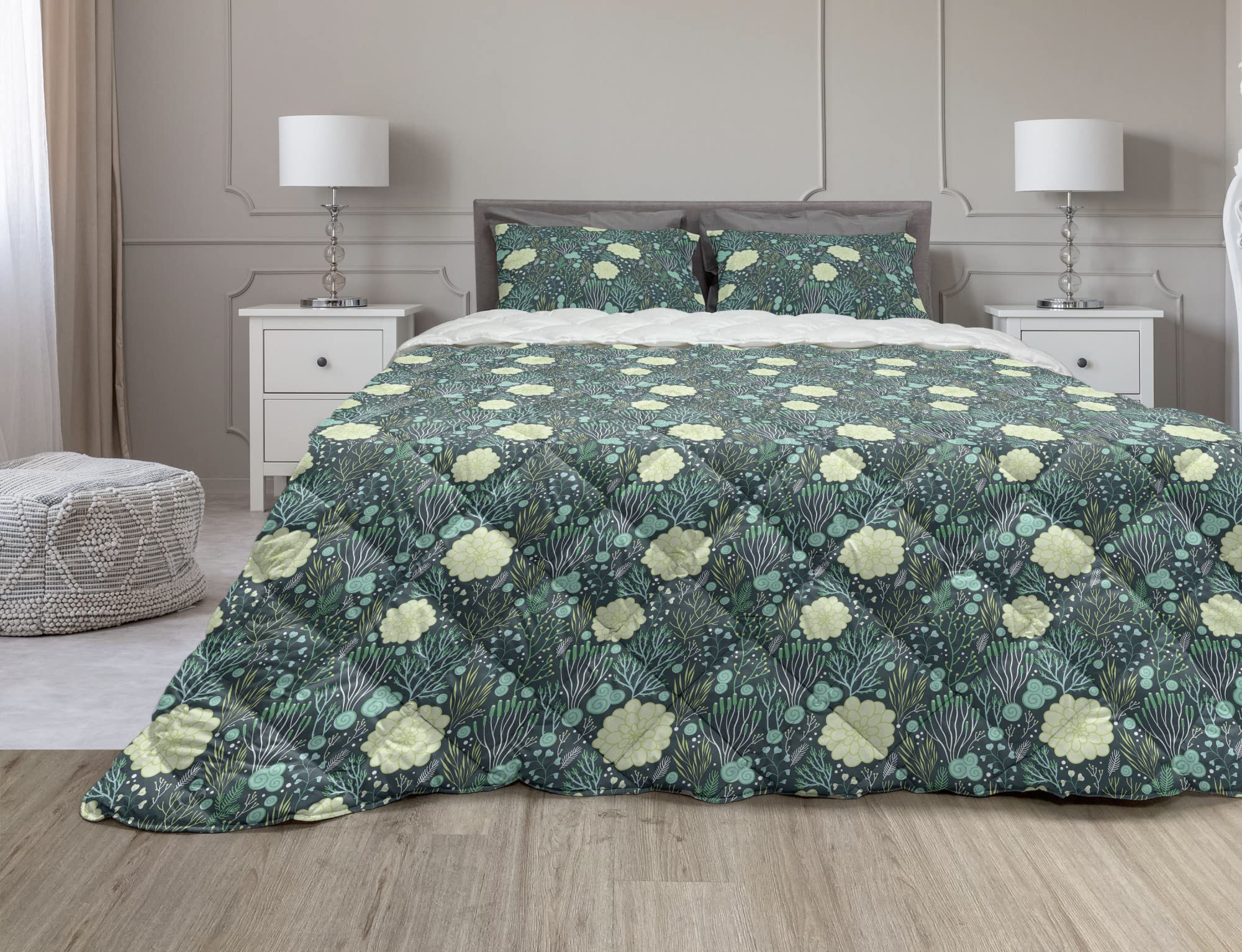 Ambesonne Queen Size 3-Piece Marine Comforter Set - Underwater Coral Reef & Aquatic Plants Design, Dark Teal & Turquoise Microfiber Duvet Cover with Sham | Perfect for Beach House Decor, Ocean-Themed Bedrooms & Coastal Home Styling