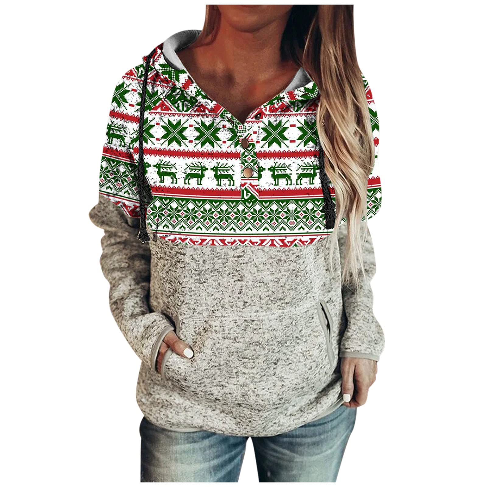 Women's Printed Splicing Sweatshirt Hoodie Pullover - Christmas Themed Casual Blouse Top - Comfy Long Sleeve Sweater for Holiday Parties, Gift Giving & Winter Outfits (White, XXL)
