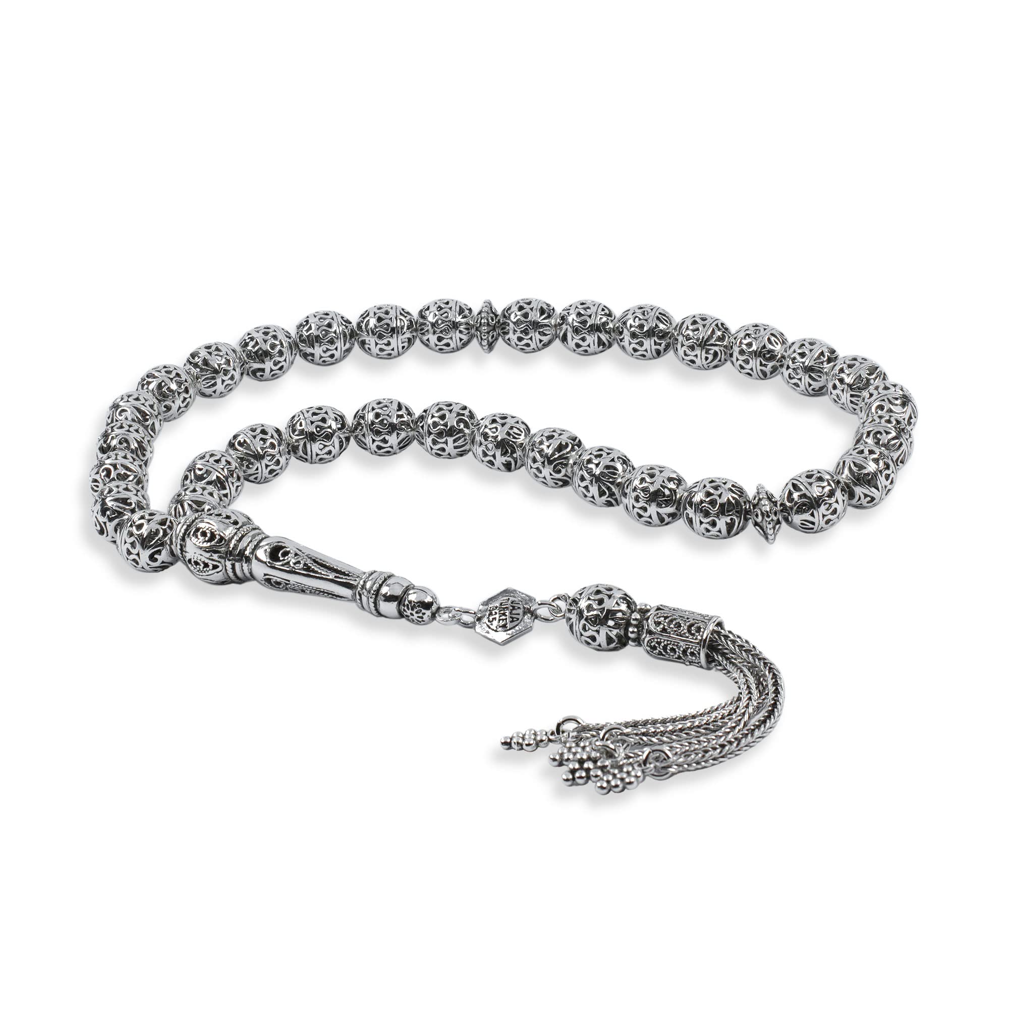 925 Sterling Silver Filigree Art Oval Beads Tasbeeh - 33 Piece Islamic Prayer Beads, Misbaha Tasbih for Meditation, Stress Relief & Spiritual Practice - Elegant Rosary for Muslim, Christian & Buddhist Use