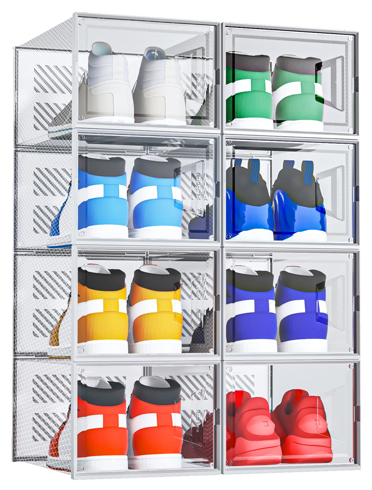 XX-Large Foldable Shoe Storage Boxes (8-Pack) - Clear Plastic Stackable Shoe Organizer for Closet | Sneaker Display Case for Sneakerheads | Boot & Shoe Rack Bin | Fits US Size 14 Men/Women | Perfect for Bedroom, Walk-in Closet & Shoe Collection Organization