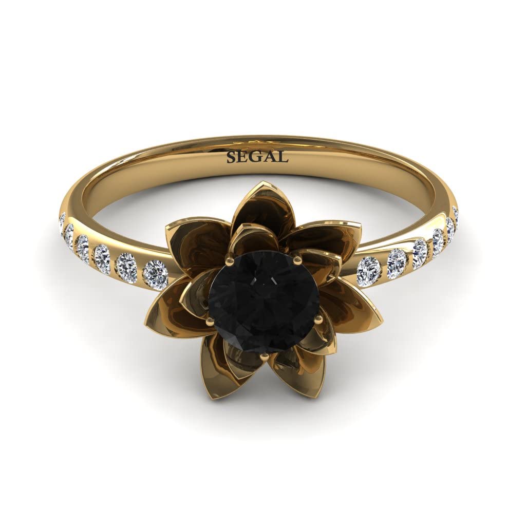 14K Yellow Gold Lotus Flower Engagement Ring with Black & White Diamonds - Elegant Wedding Band for Proposals, Anniversaries & Special Occasions