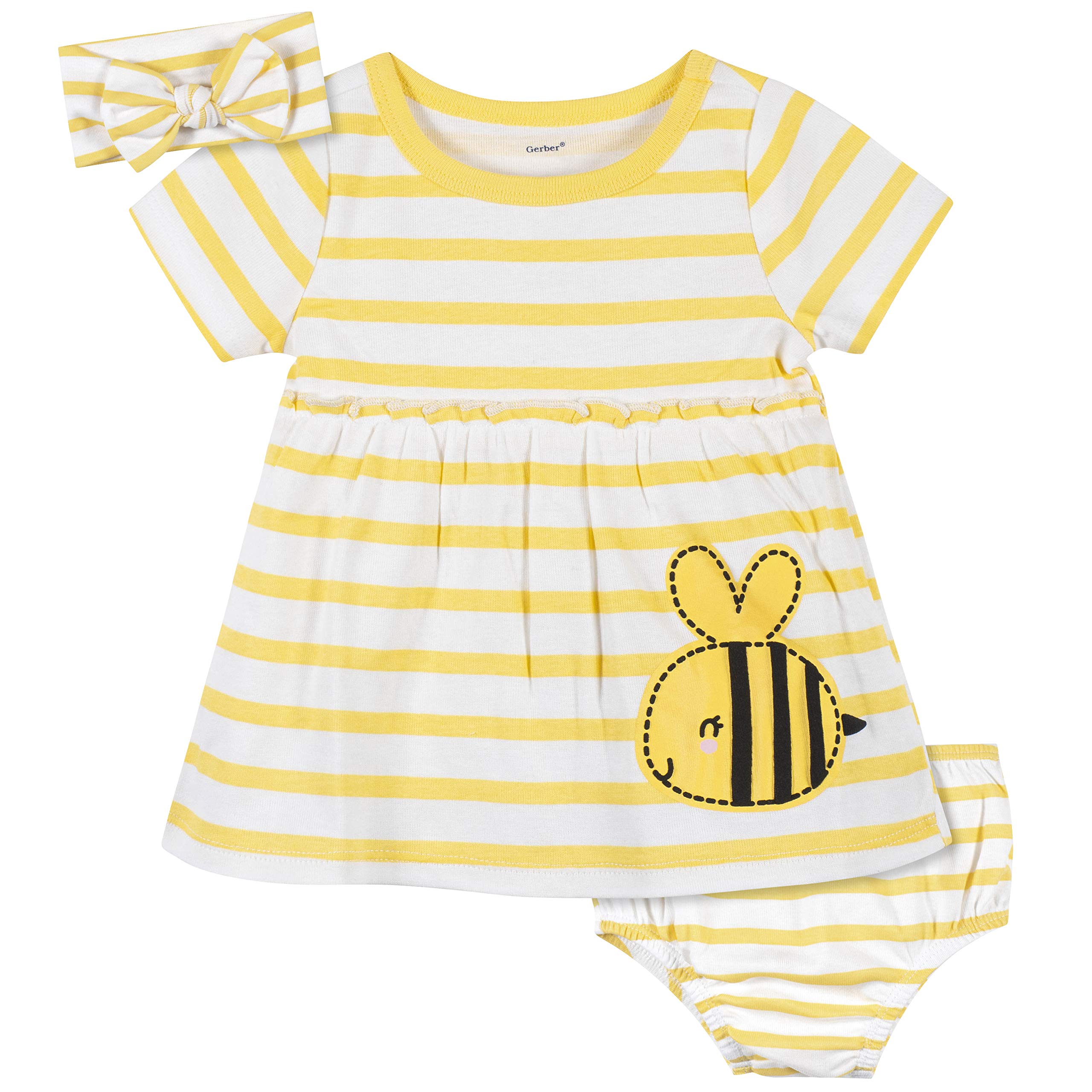 Gerber Baby Girls 3-Piece Outfit Set - Floral Dress, Diaper Cover & Headband | Soft Cotton Newborn & Infant Clothes for Special Occasions, Photo Shoots & Everyday Wear