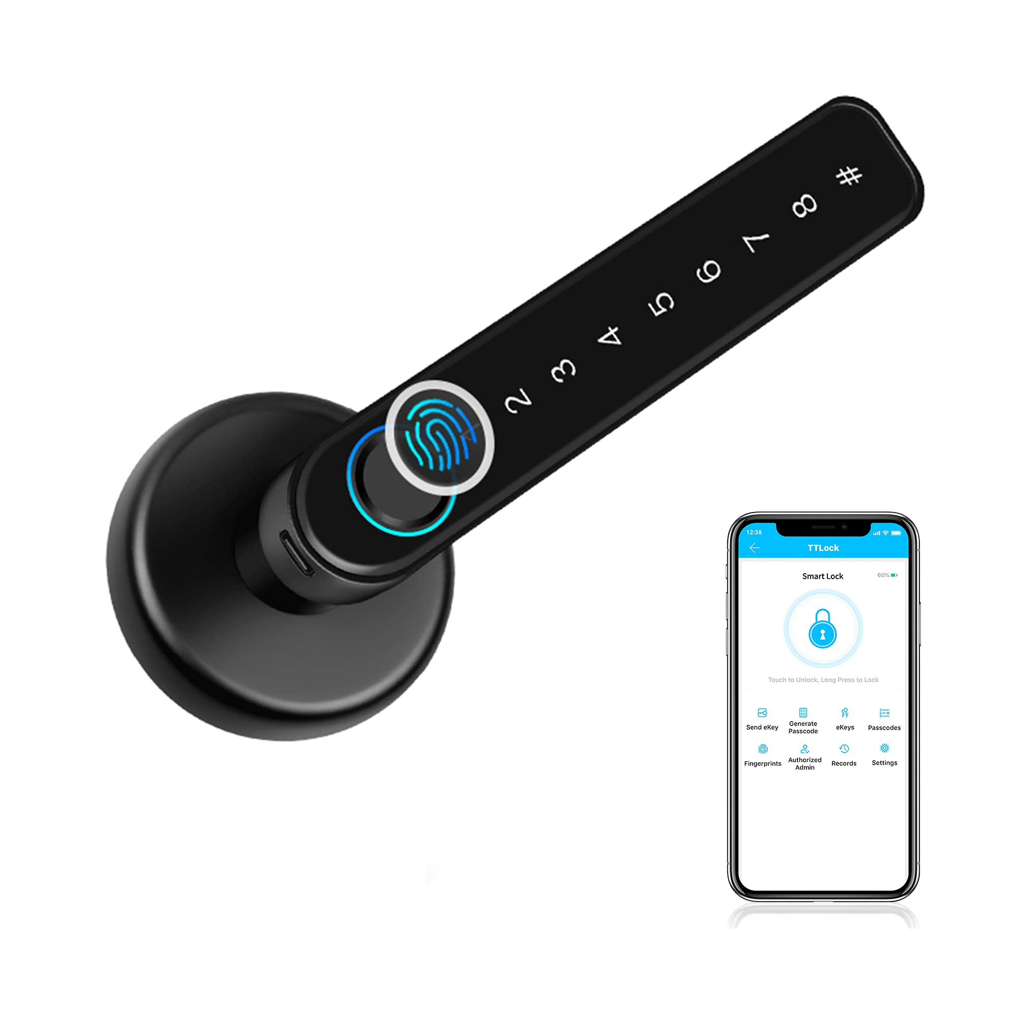 YRHAND Smart Fingerprint Door Lock with Mobile App, Bluetooth & Keypad - Electronic Digital Keyless Entry for Bedroom, Hotel, Airbnb & Interior Doors - Perfect for Home Security & Vacation Rentals