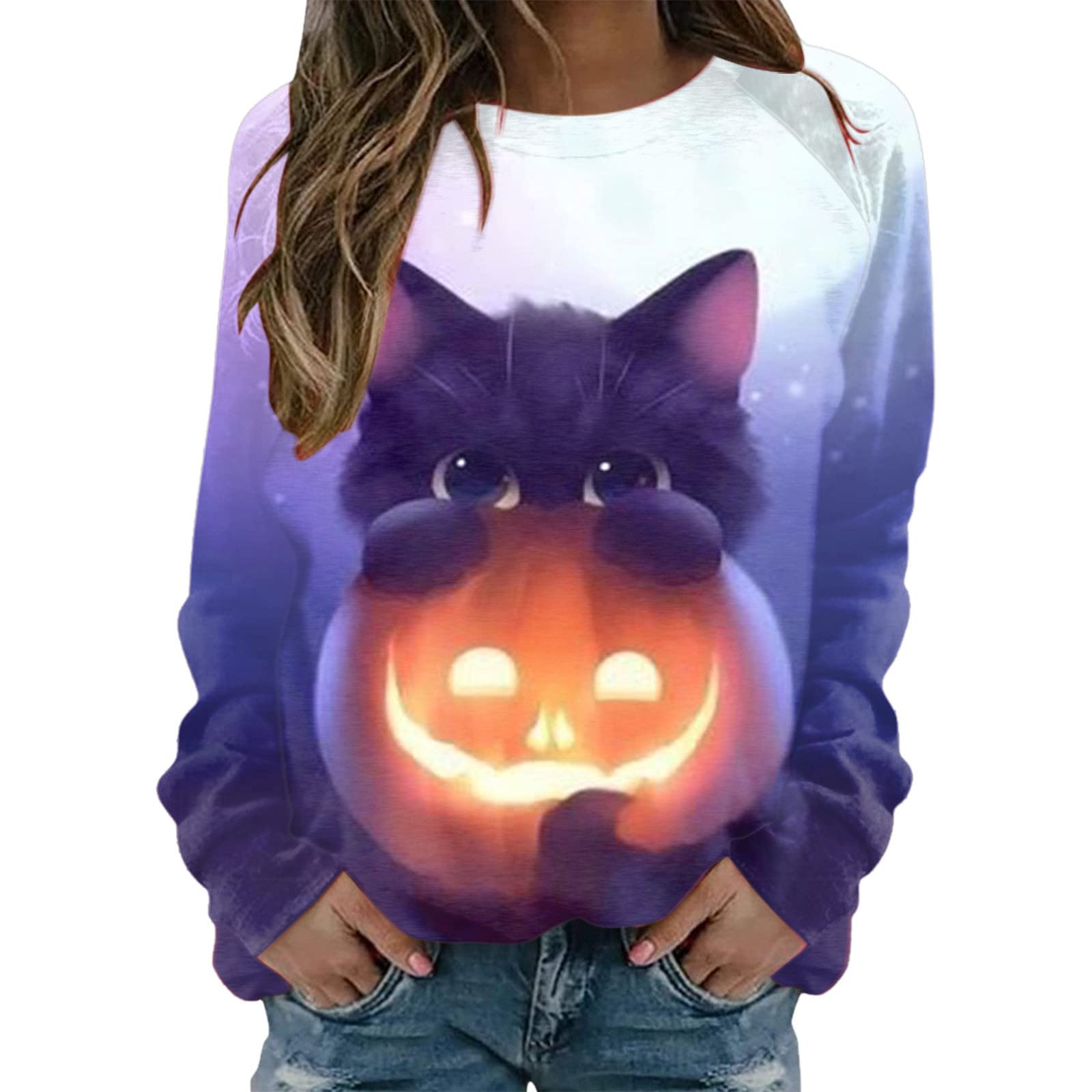 Stylish Halloween Graphic Tee for Women - Long Sleeve Crew Neck Pullover Sweatshirt | Casual Fall Outfit, Costume Party & Spooky Season Fashion