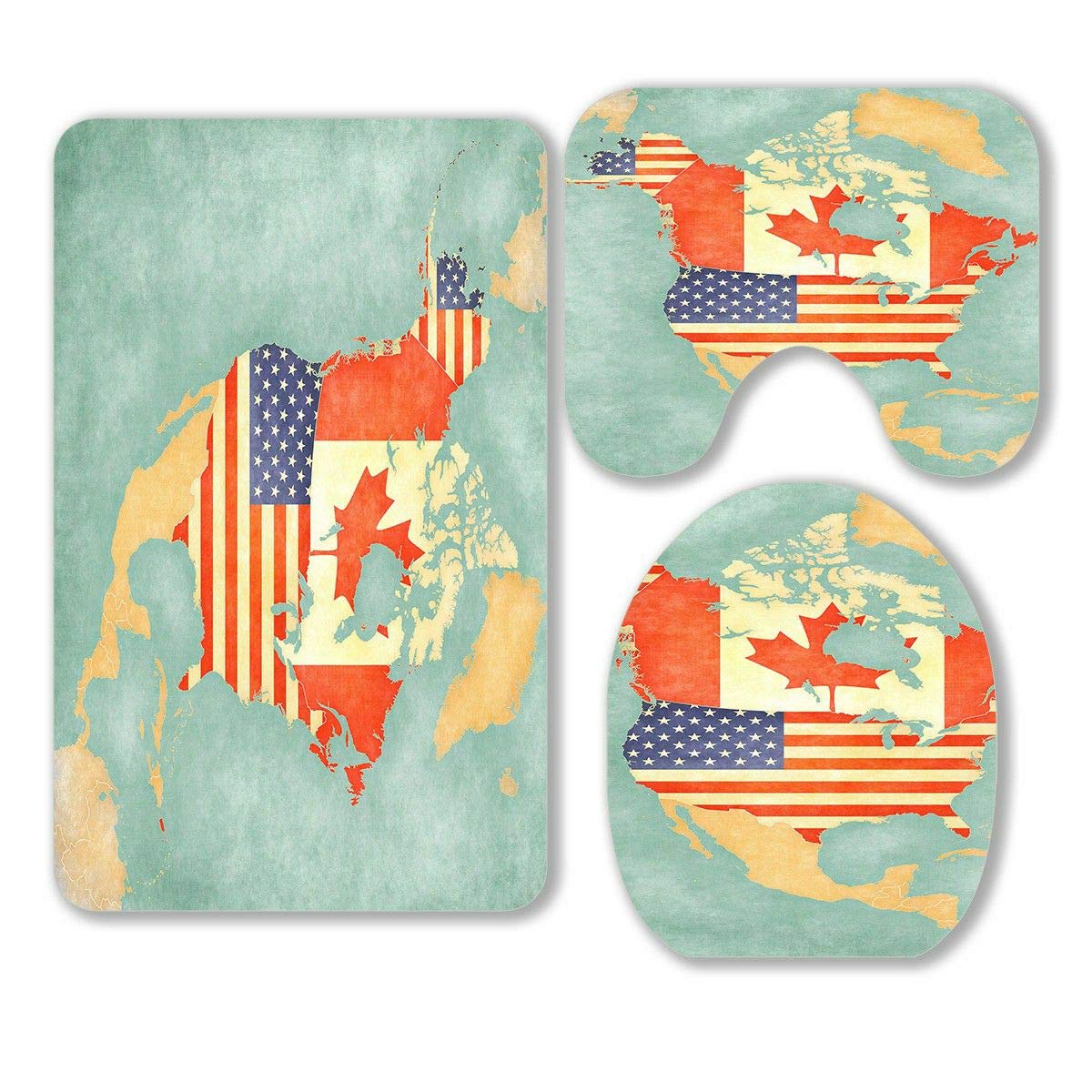 Premium 3-Piece Bathroom Rug Set - Non-Slip Contour Mat & Toilet Lid Cover with US Canada Map Design | Soft Absorbent Microfiber for Bath, Shower & Powder Room Decor