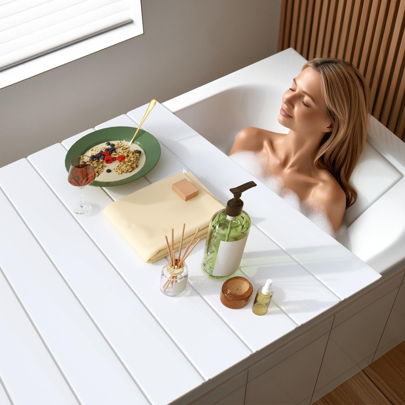 Foldable Bathtub Tray with Anti-Dust Cover - PVC Shutter Bath Lid for Most Tubs, Holds Wine Glasses, Books, Tablets & Phones - Perfect for Relaxing Baths, Reading & Wine Time