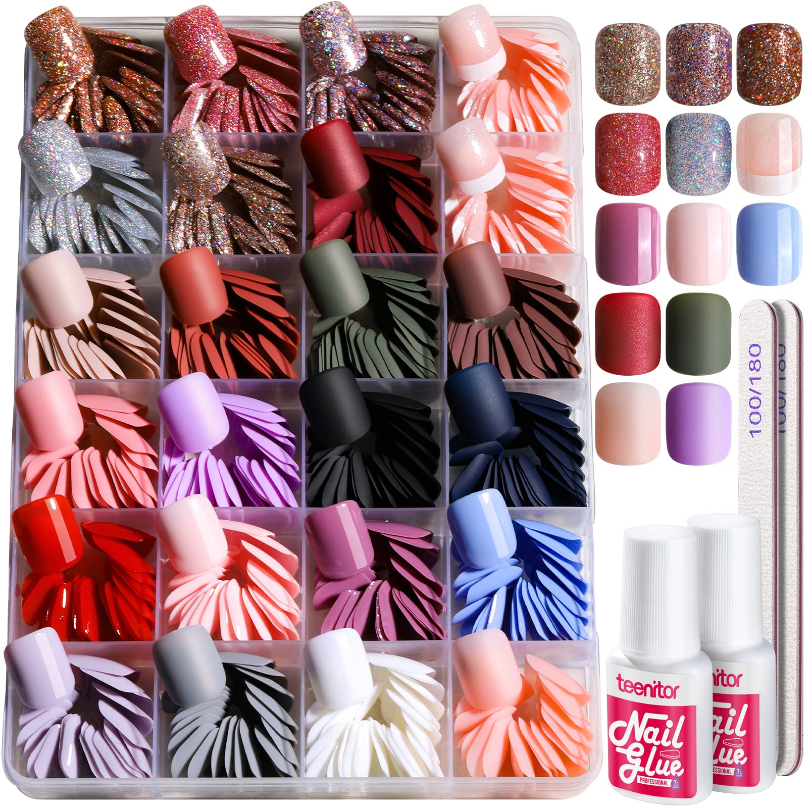 Teenitor 576Pcs Short Square Press On Nails Kit - Matte, Glossy, Glitter & French Designs - Fake Nails with Glue - Perfect for Daily Wear, Parties & Special Occasions