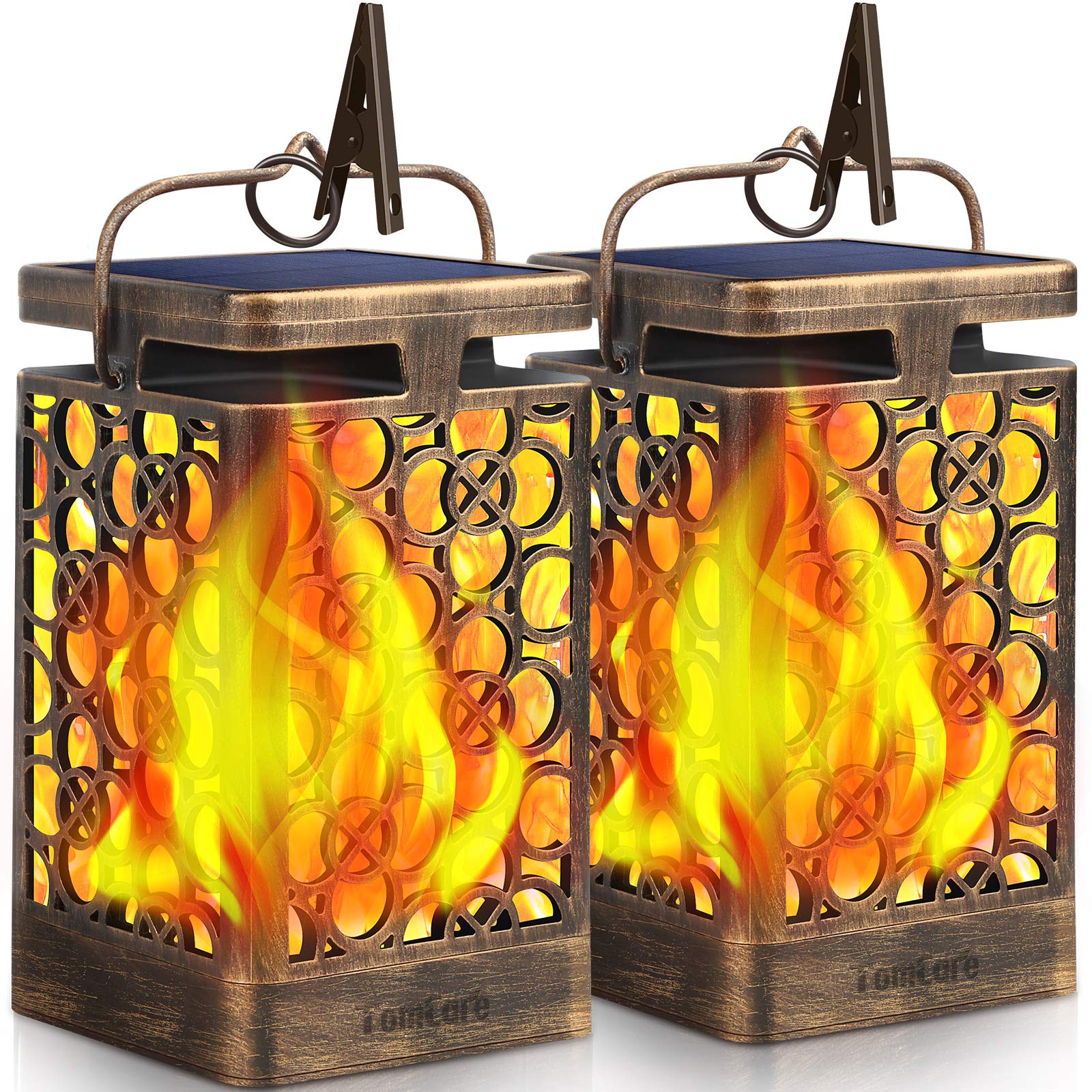 TomCare Upgraded Solar Lanterns - 2 Pack Flickering Flame LED Outdoor Hanging Lights, Waterproof Solar Powered Bronze Decorative Lighting for Patio, Garden, Deck & Backyard - Perfect for Evening Gatherings, Pathway Illumination and Outdoor Decor
