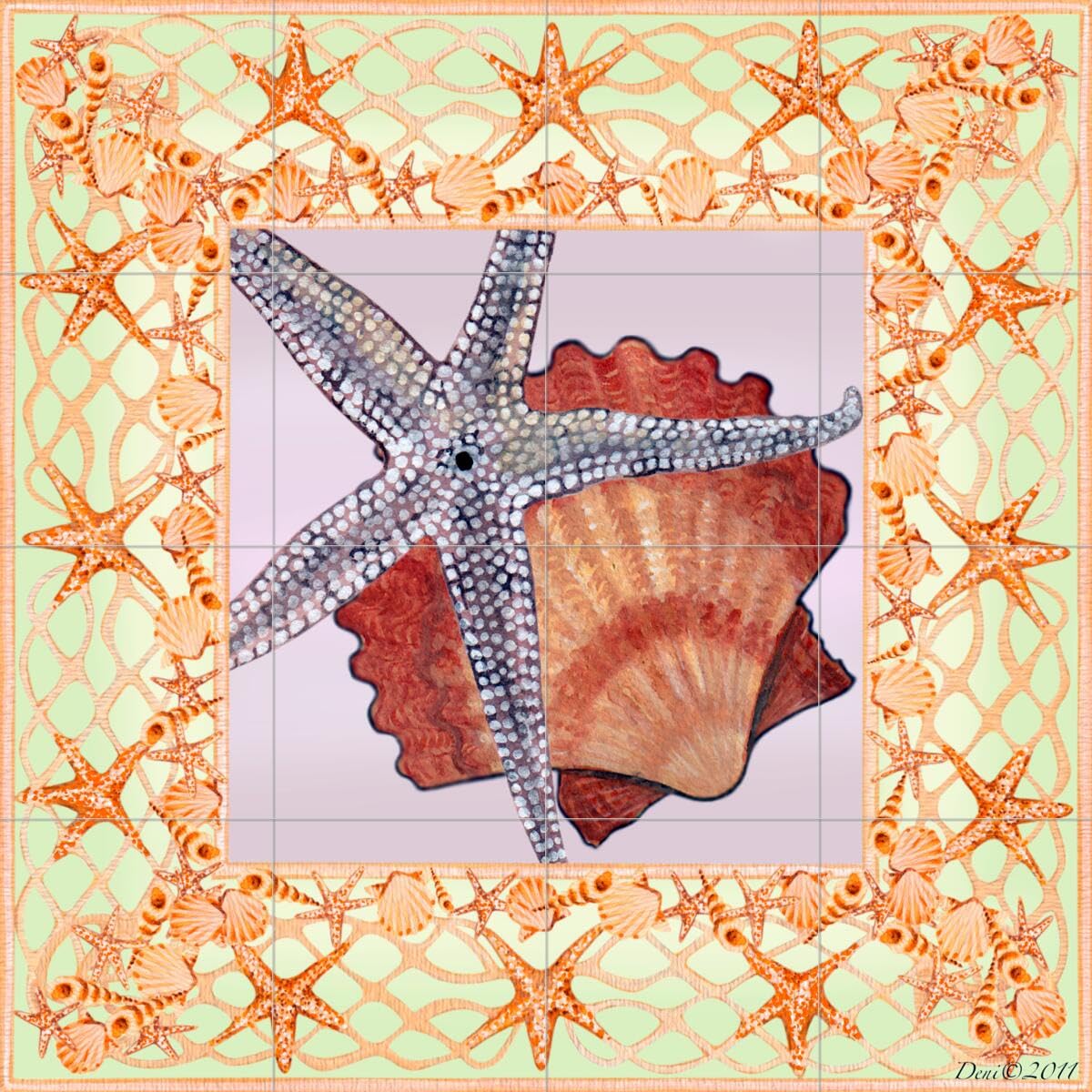 Denise Freeman Seashell Square 3 Ceramic Backsplash Tile Mural - Waterproof Kitchen Bathroom Shower Wall Decor - Perfect for Coastal, Beach House & Nautical Theme Interiors