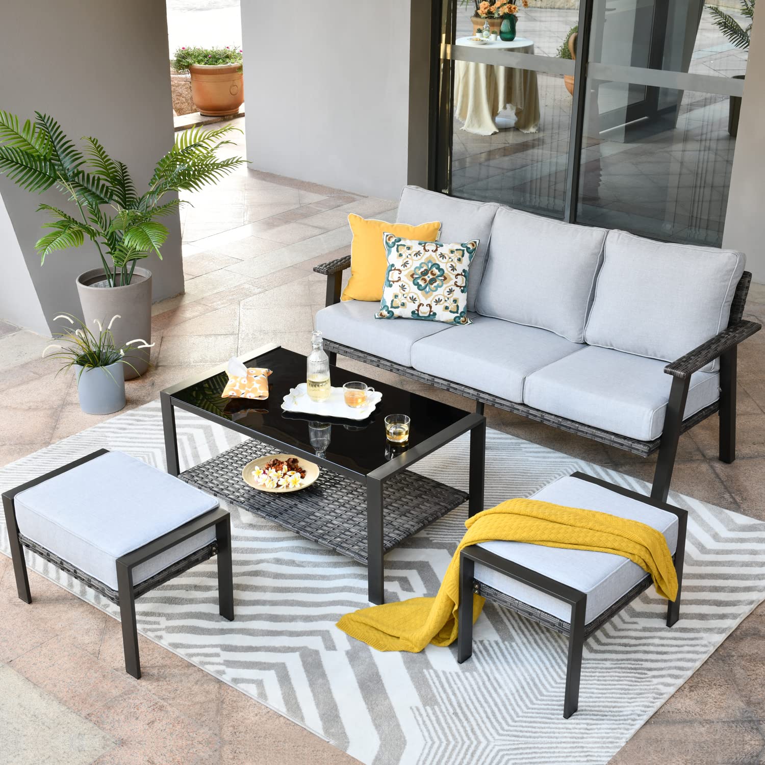 Ovios 7-Piece Patio Furniture Set, All-Weather Wicker Rattan Outdoor Sofa with Coffee Table & Ottomans, High Back Couch for Yard, Porch, Garden - Light Gray | Perfect for Outdoor Entertaining & Relaxation
