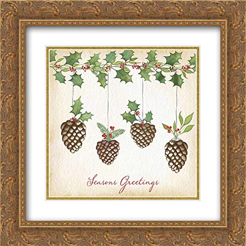 P.S. Art 15x15 Inch Gold Ornate Framed Double Matted Museum Quality Art Print - Seasons Greetings Pine Cones Wall Decor for Christmas, Holiday Home & Office Decoration