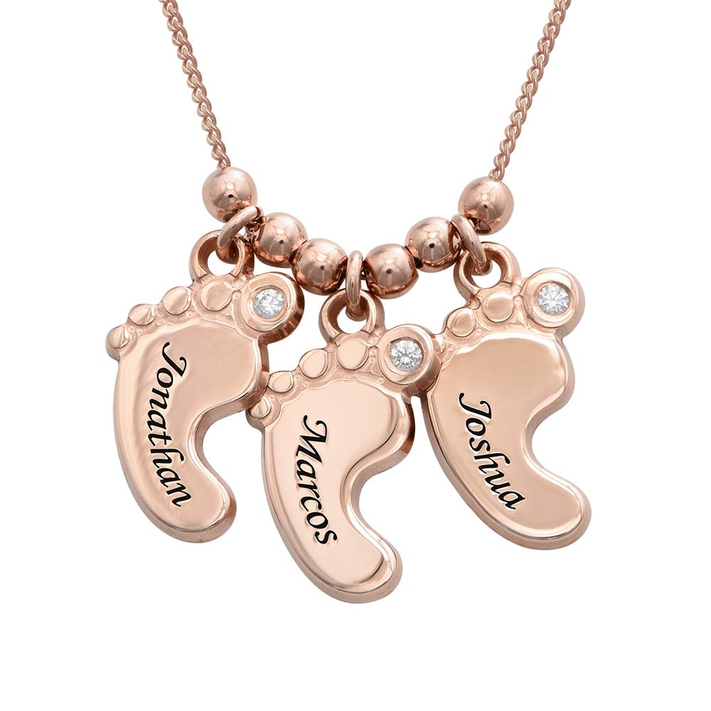 Personalized Engraved Baby Feet Charm Name Necklace with Crystals - Custom Mother's Jewelry Gift for New Mom - 925 Sterling Silver, Gold & Rose Gold Plating - Perfect for Mother's Day, Birthday, Christmas & Baby Shower Gifts