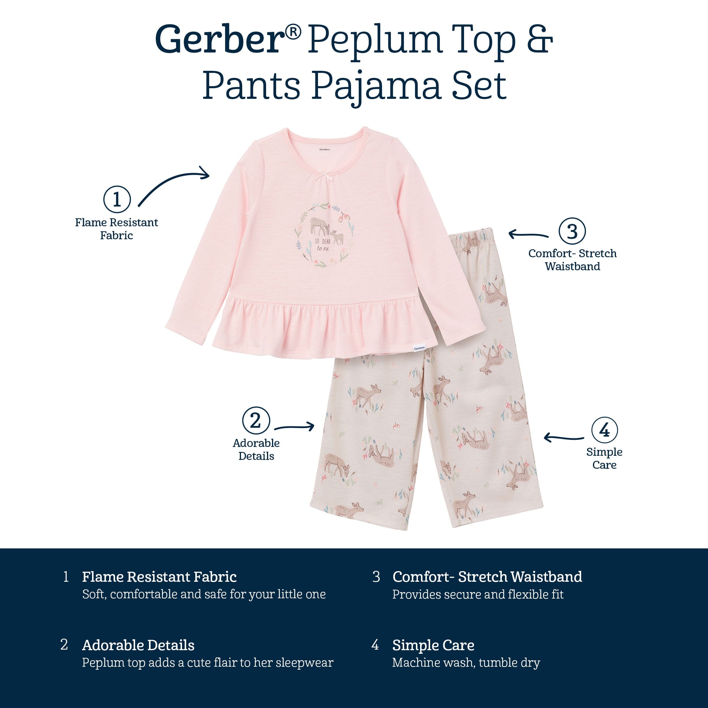 2 Piece Toddler Girls Deer Peplum Pajama Set - Soft Cotton Sleepwear for Baby Girls - Perfect for Bedtime & Playtime