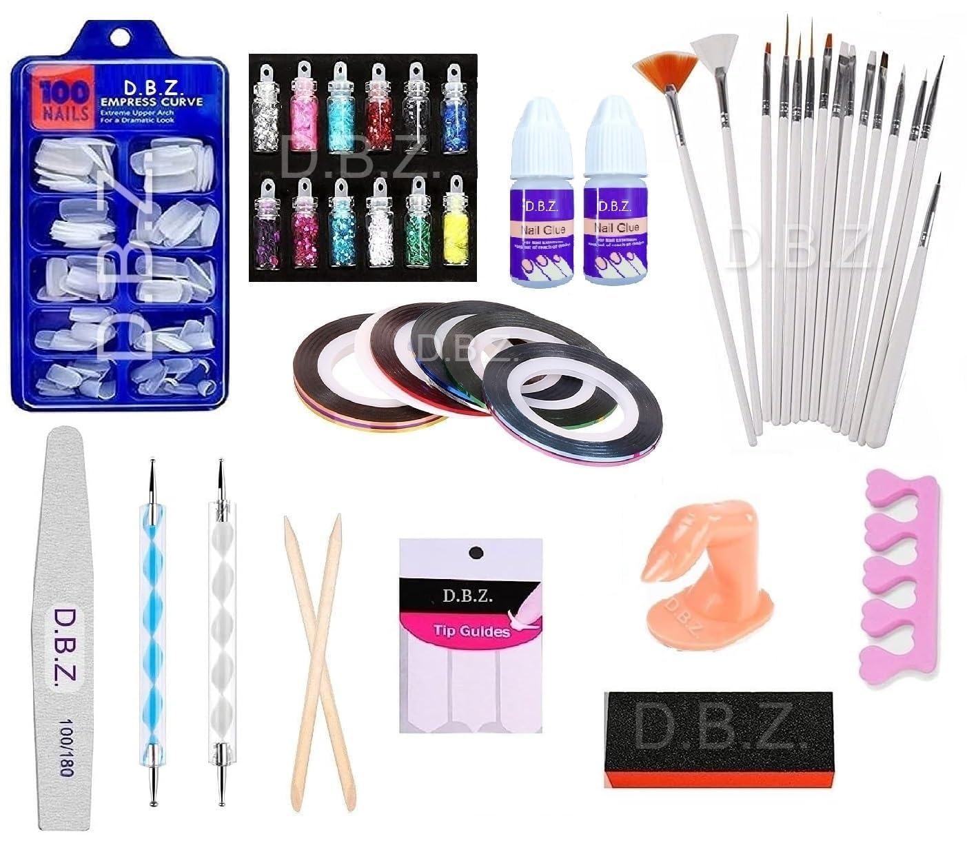 D.B.Z.® Professional Nail Art Kit - 12 Glitter Glass Bottles, 100 Fake Nails, 5 Nail Tapes, 15 Nail Brushes, 2 Dotting Pens & Glue - DIY Manicure Set for Home Salon, Parties & Gift Giving