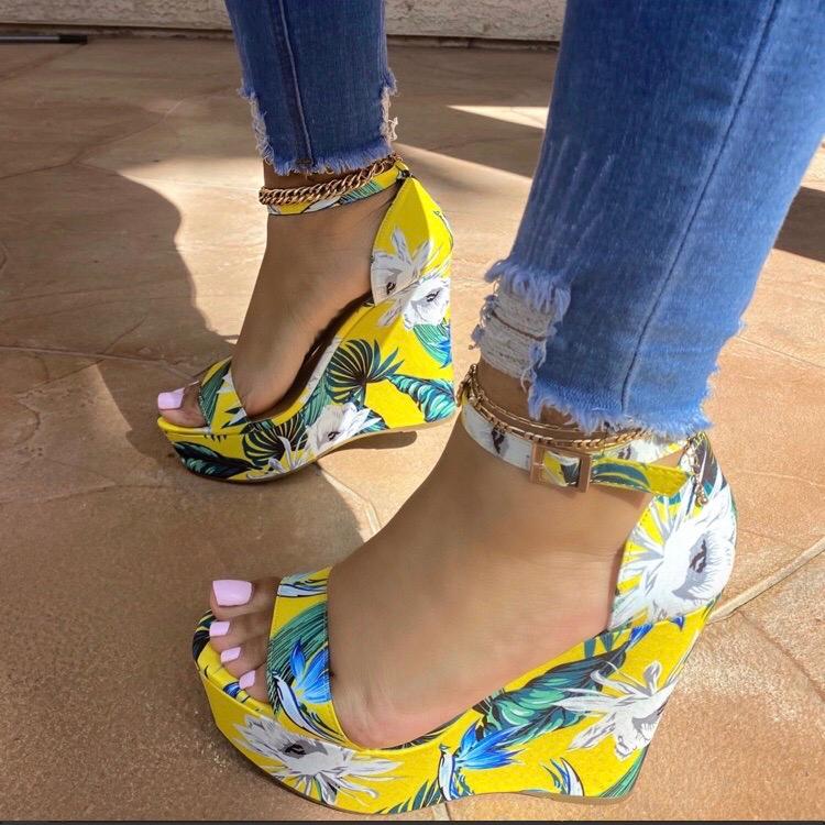 Selina Women's Wedge Sandals with Yellow Floral Print - Comfortable Summer Shoes for Beach, Vacation & Casual Outings
