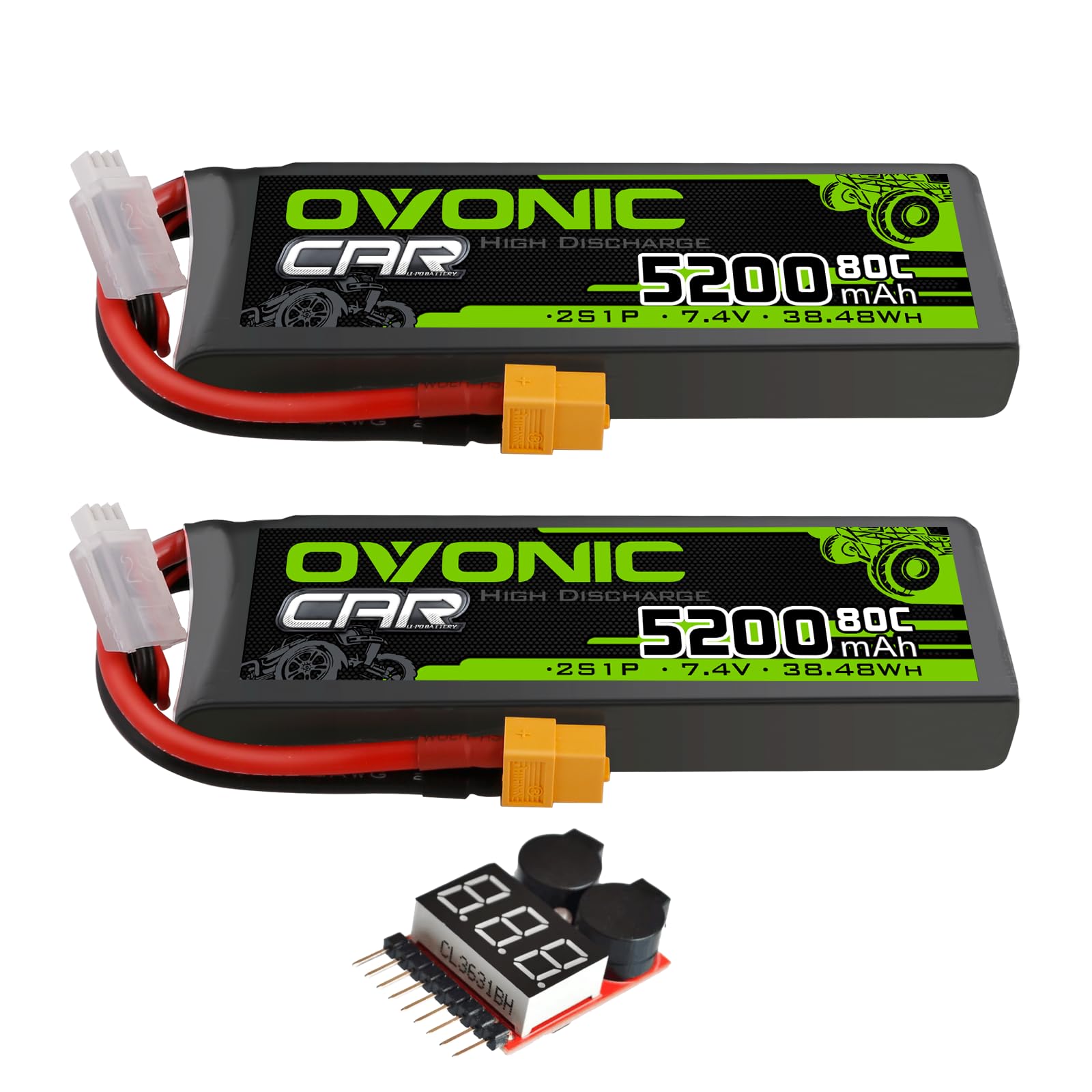 2 Pack OVONIC 2S 5200mAh 7.4V 80C Lipo Battery with XT60 Connector & Voltage Checker - Compatible with 1/10 Scale RC Cars, Trucks, Boats and Low-Mid Power RC Airplanes - Perfect for RC Racing, Off-Roading and Hobby Flying