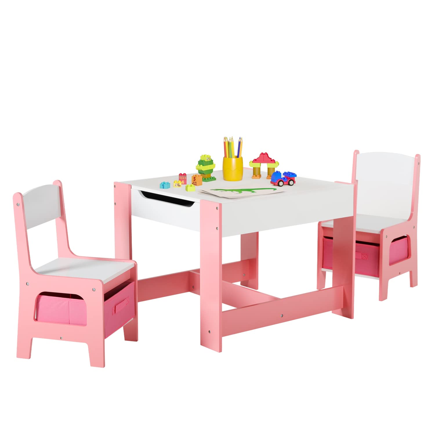 COEWSKE Kids Wooden Activity Table and Chairs Set with Storage Baskets & Detachable Blackboard - 2 Chairs & 1 Table for Playroom, Classroom, Daycare - Perfect for Playing, Reading, Drawing, Arts & Crafts (Pink)
