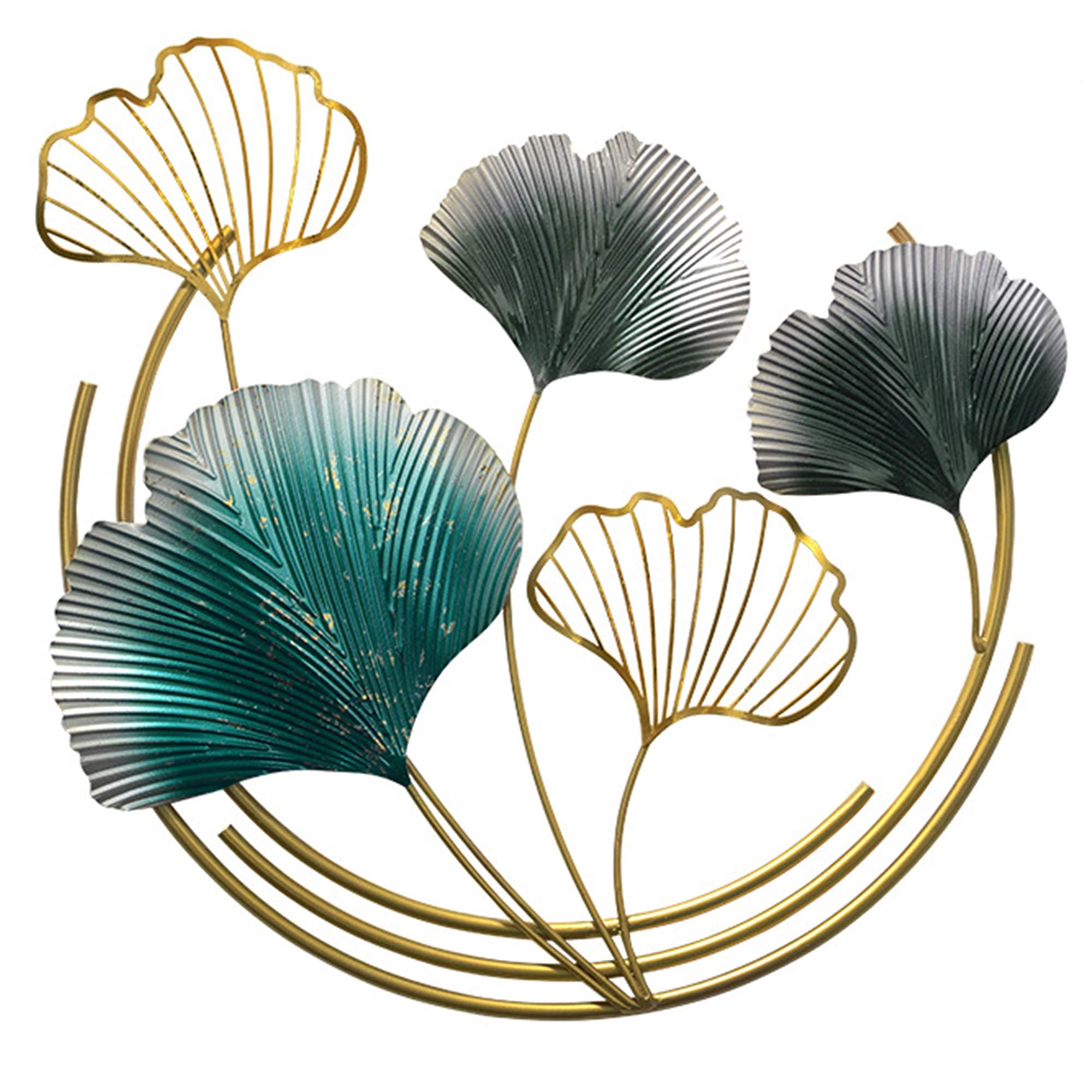 3D Ginkgo Leaf Metal Wall Art Decor - Golden Round Frame Hanging Sculpture for Living Room, Bedroom, Dining Room - Modern Home & Office Decoration