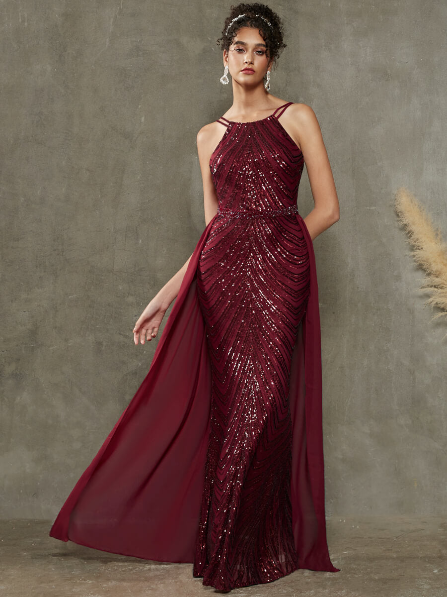 Elegant Burgundy Convertible Halter Sequin Floor Length Formal Evening Gown for Prom, Wedding & Special Occasions