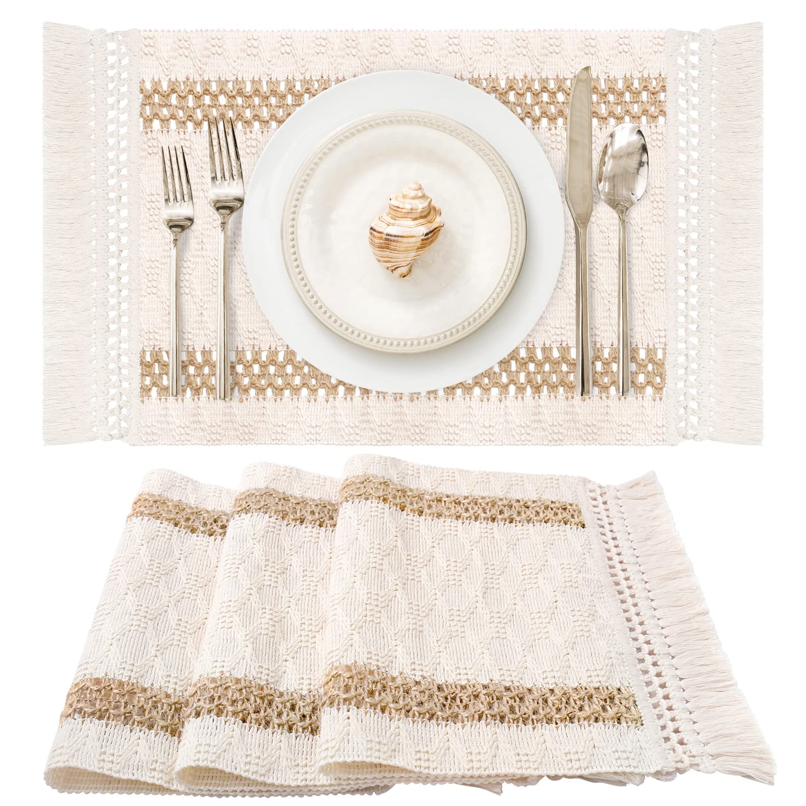 Senneny Macrame Placemats Set of 4 - Handwoven Cotton & Burlap Boho Table Mats with Tassels, Cream Beige Rustic Farmhouse Decor for Kitchen Dining Table | Perfect for Bohemian, Fall & Thanksgiving Dinner Settings