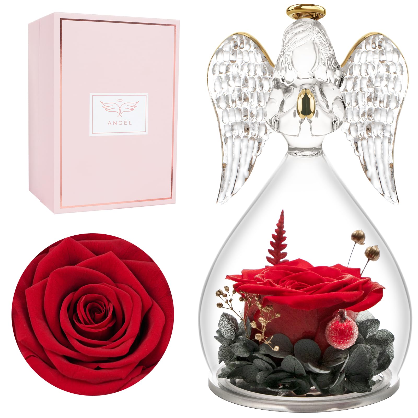 Preserved Rose Gift for Mom - Angel Figurine with Eternal Flower, Perfect for Mother's Day & Birthdays