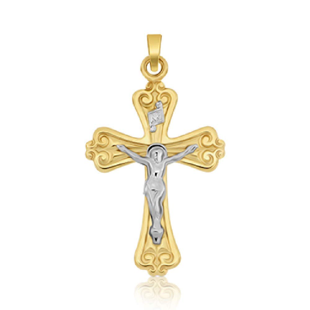 14K Two Tone Solid Yellow & White Gold INRI Crucifix Pendant Necklace - Elegant Religious Jewelry for Women & Men - Perfect for Baptism, First Communion, Confirmation & Spiritual Gifts