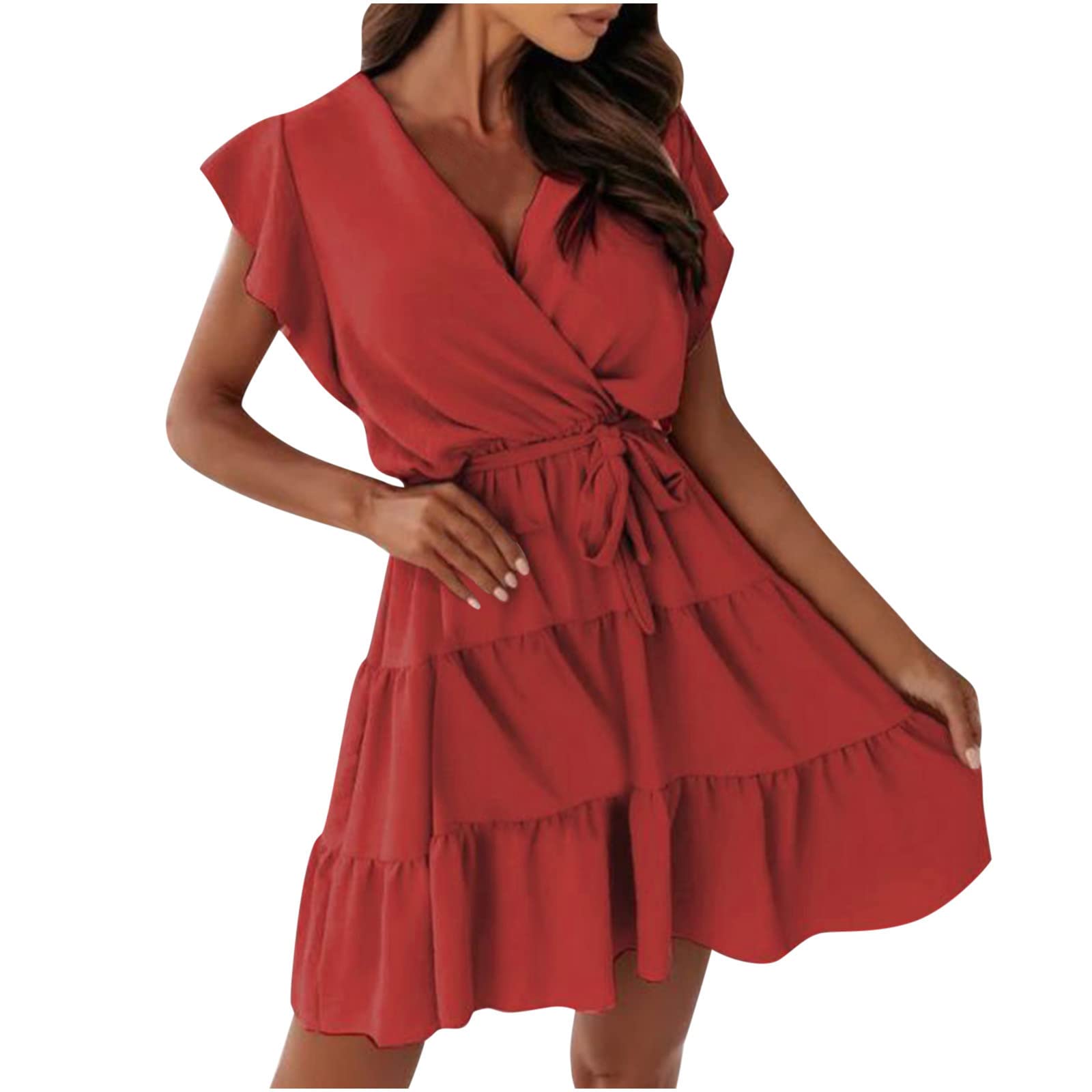 DOLKFU Women's Wrap Dress - Elegant Ruffle Layered Mini Dress for Summer, Casual, Wedding Guest & Party Wear | Tie Waist Design for Flattering Fit | Perfect for Beach Outings, Date Nights & Special Occasions