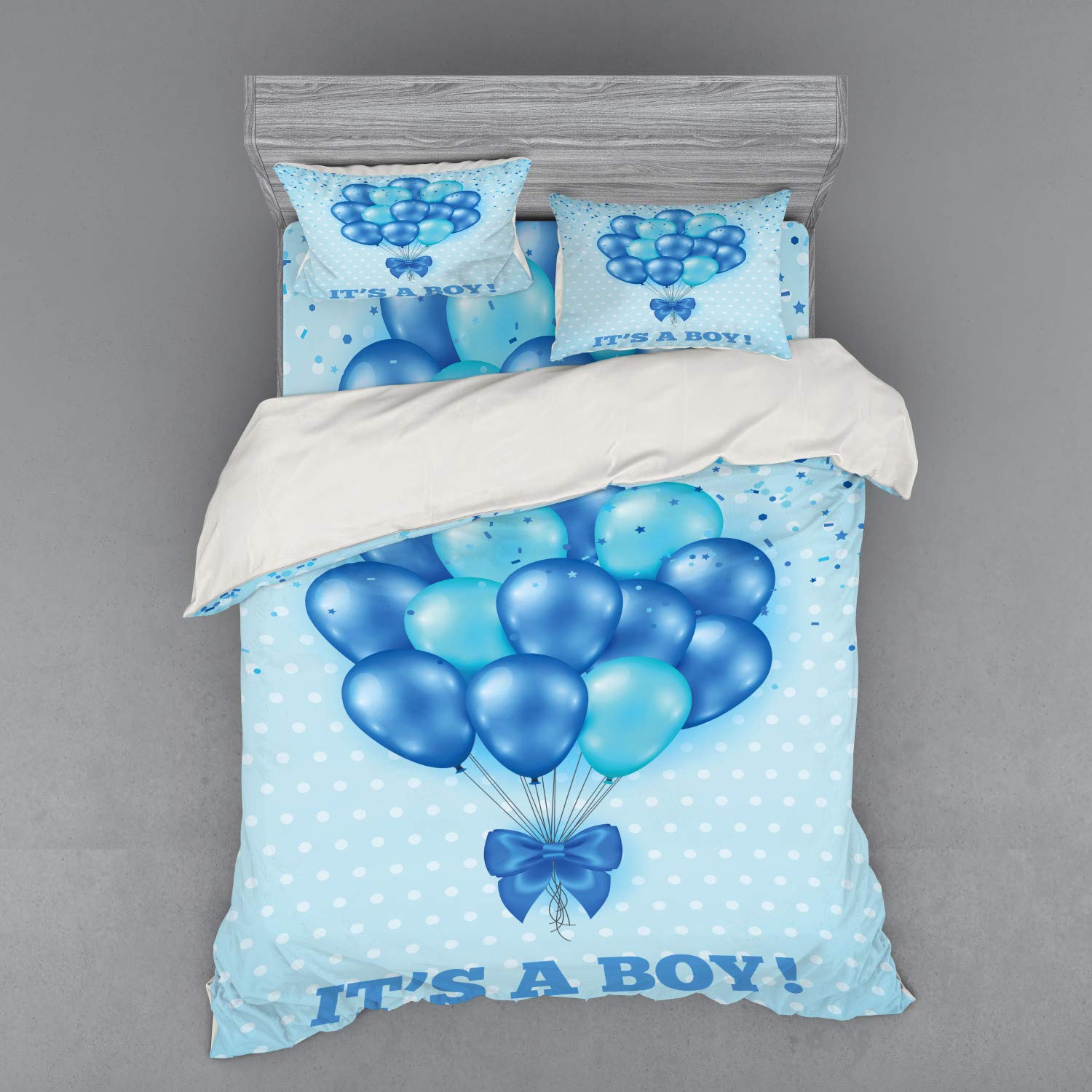 Ambesonne Blue Balloons Bedding Set - 3 Piece Duvet Cover with Sham & Fitted Sheet, Queen Size, Sky Blue Polka Dot Design for Birthday Party Decorations | Perfect for Guest Rooms, Kids Bedrooms & Celebration Themed Home Decor