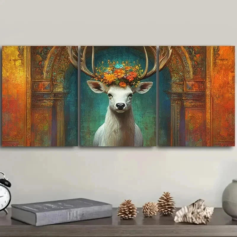 3-Piece White Deer with Floral Head Canvas Wall Art Set - Framed 50x70cm High Quality Print | Australian Made | Ready to Hang | Perfect for Living Room, Bedroom & Office Decor