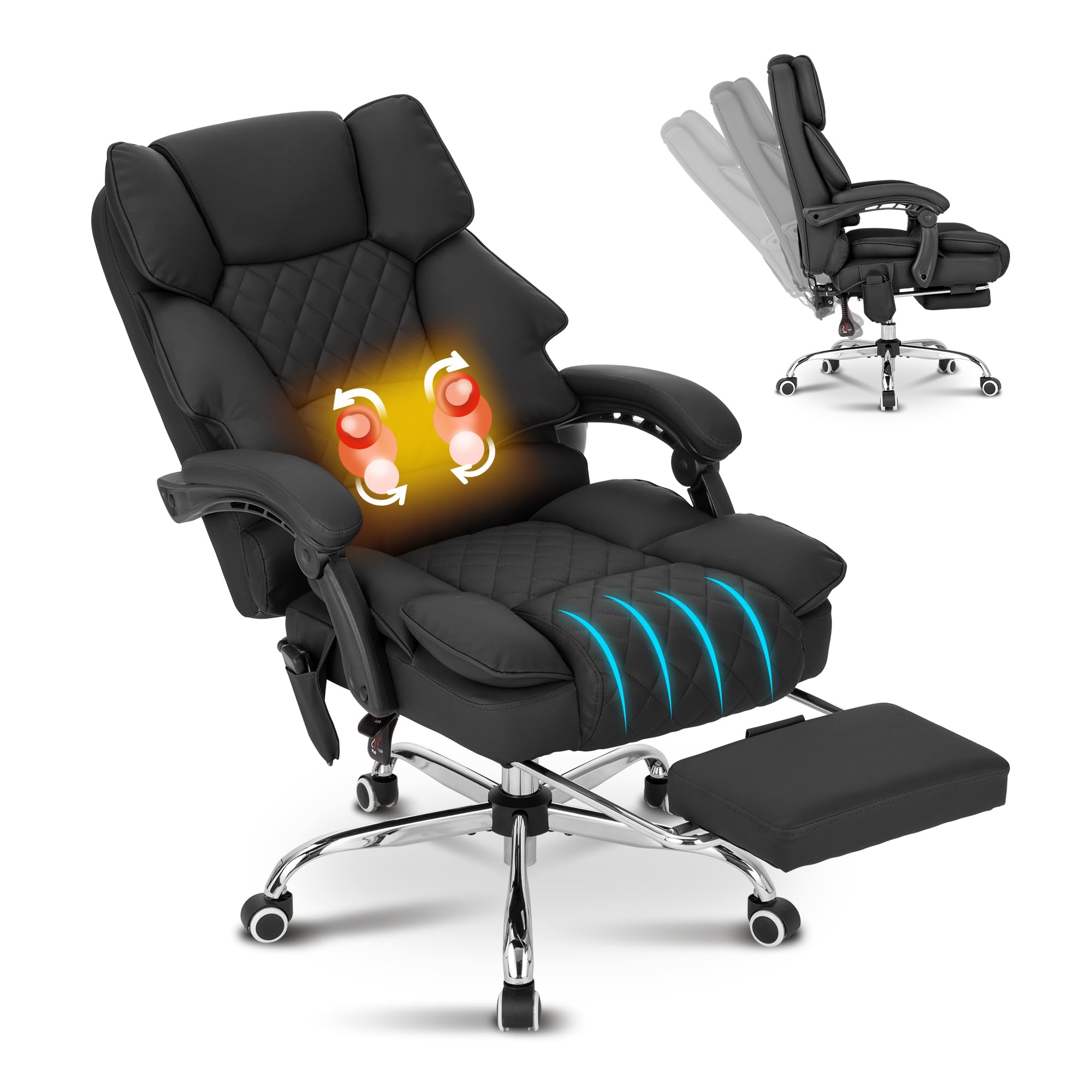 Premium Ergonomic Kneading Massage Executive Office Chair with Heating & 90-135° Recline - Black Leather Computer Desk Chair with Footrest & Diamond-Stitched Cushion for Back Pain Relief - Perfect for Home Office, Gaming & Workspaces