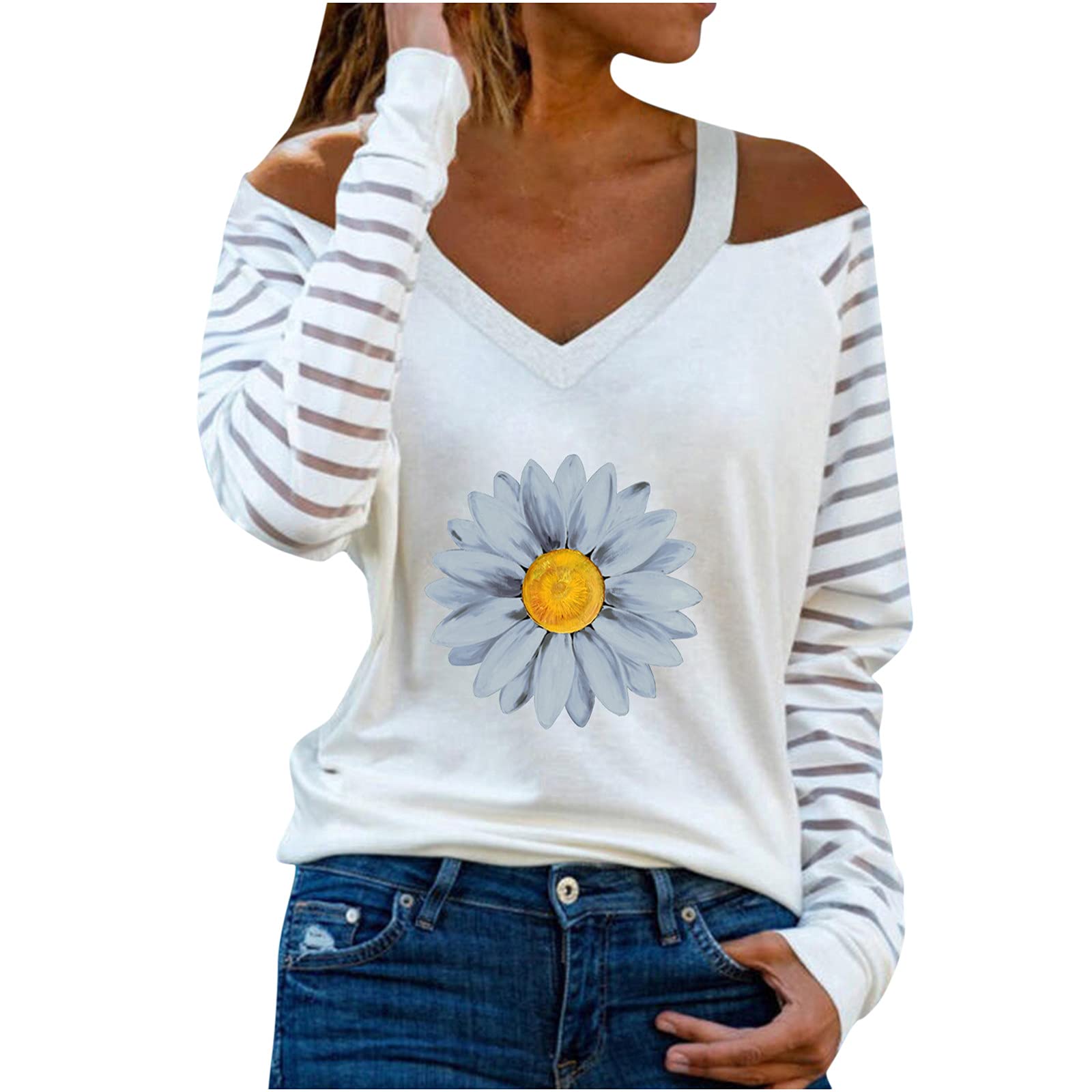 Women's Fall Fashion Long Sleeve Striped Cold Shoulder Pullover Tee - Sexy Tunic Blouse for Casual Wear, Date Night & Office Outfits