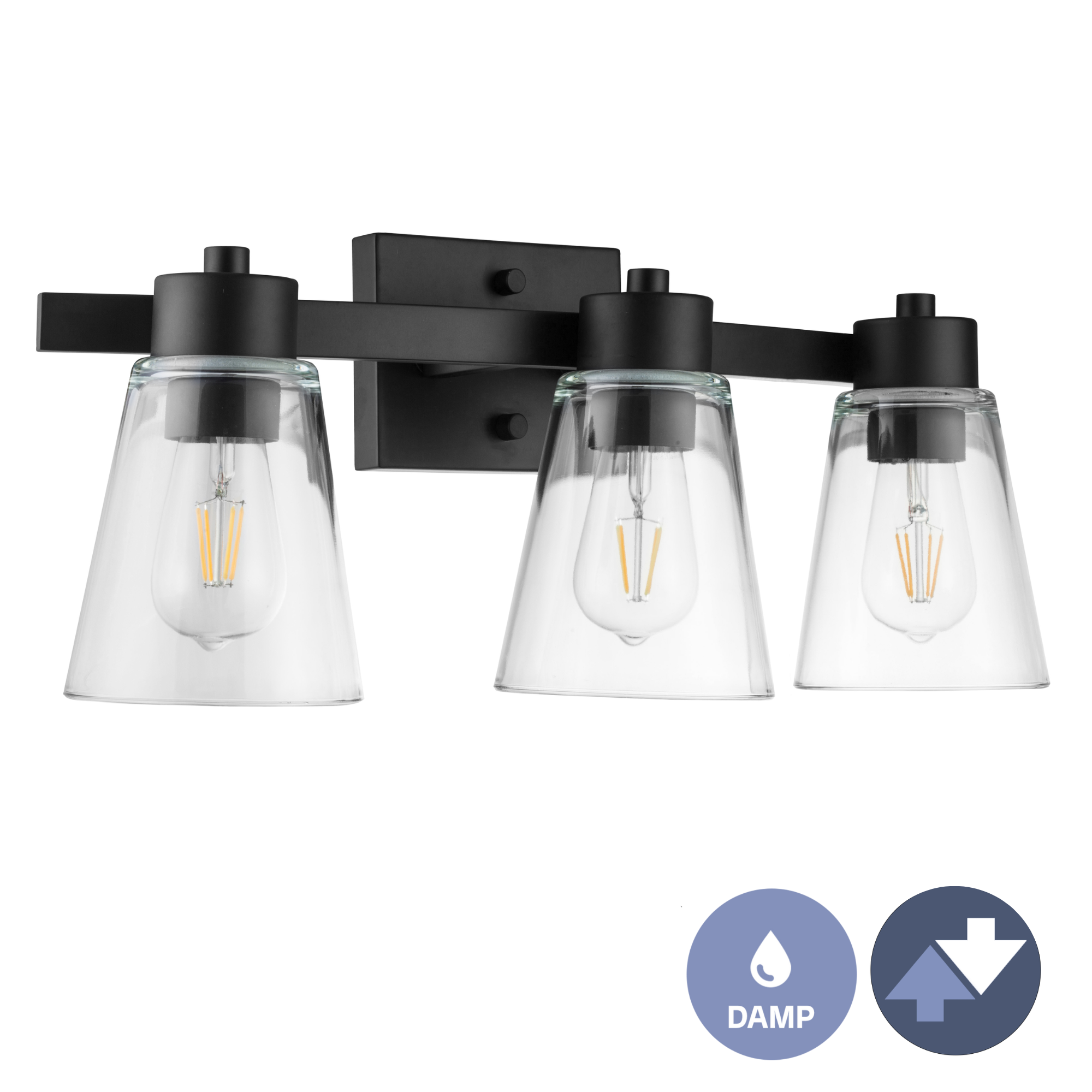 Fairendale 3-Light Vanity Light Fixture with Clear Glass Shades in Matte Black - Perfect for Bathroom, Bedroom, and Dressing Room Lighting