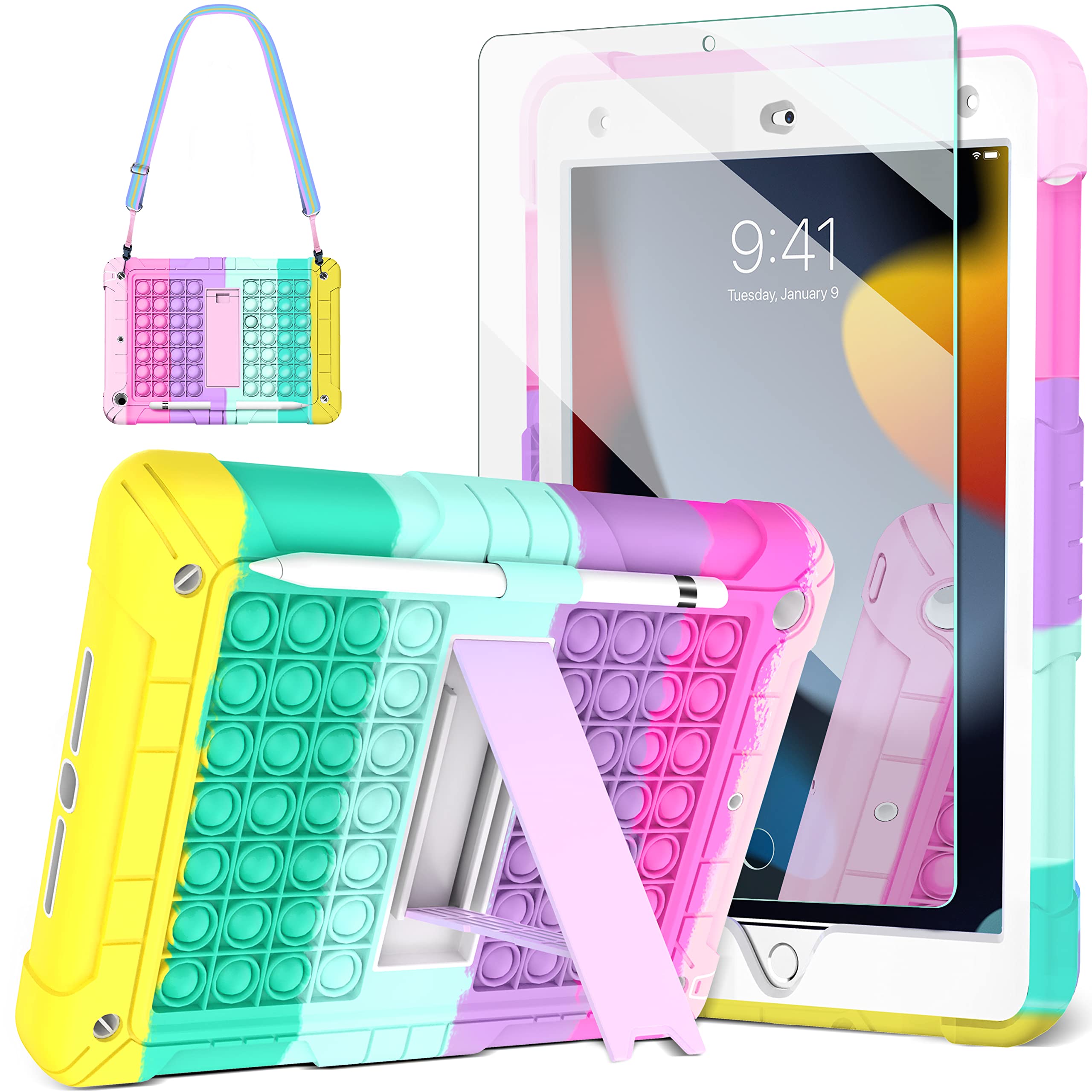 **Premium iPad 9th/8th/7th Gen Case 10.2 Inch with 9H Tempered Glass Screen Protector, Pencil Holder, Kickstand & Shoulder Strap - Durable Kids Protective Cover for iPad 10.2