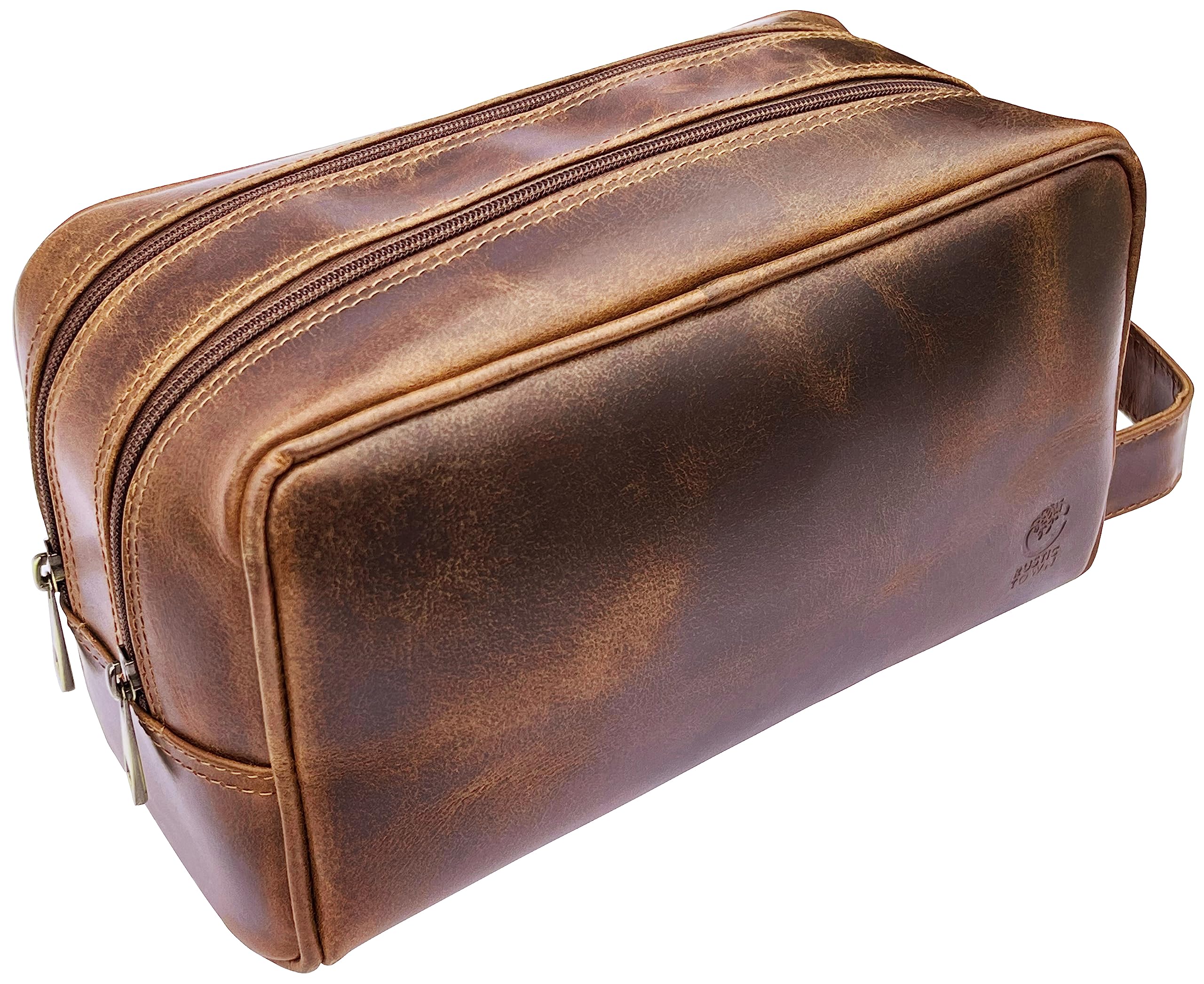 RUSTIC TOWN Genuine Leather Toiletry Bag for Men & Women - Premium Travel Shaving Dopp Kit with Multiple Pockets - Waterproof Bathroom Shower Organizer - Vintage Cosmetic Bag (Antique Brown) - Perfect for Camping, Business Trips & Gym Essentials
