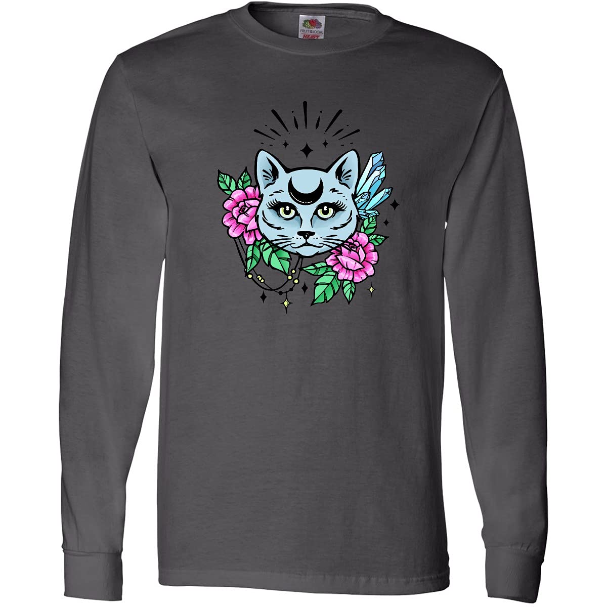 Inktastic Cat Moon Crystals Flowers Tee - Cozy Long Sleeve for Cat Lovers