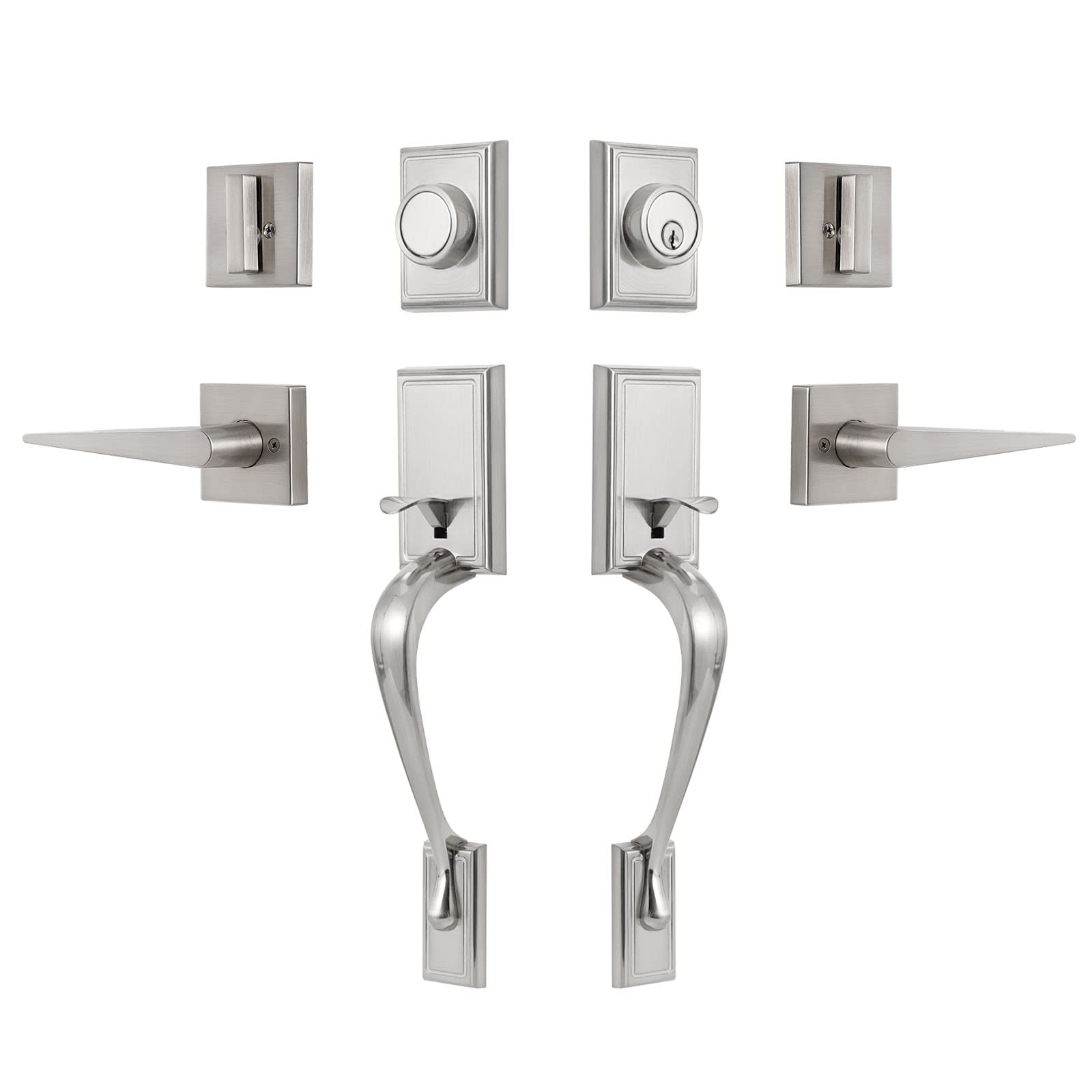 Premium MIRUO Front Door Handle Set for Double Doors - Heavy Duty Dummy Lock Set, Left & Right Handed Compatible in Satin Nickel Finish (KeyedDummyS117_USAM002) - Ideal for Home Entry Doors, Office Buildings & Commercial Properties