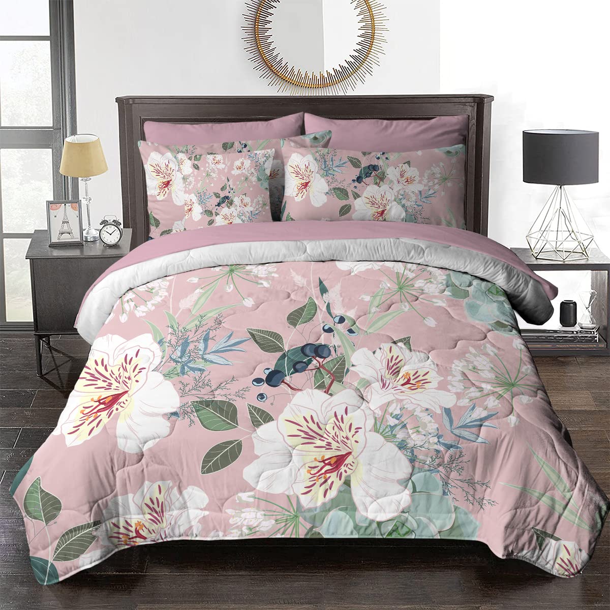 BlessLiving 8-Piece Full Size White Alstroemeria Flower Comforter Set - Pink Backdrop Down Alternative Bedding with Sheets | All Season Soft Bed in a Bag for Guest Room, Master Bedroom & Dorm Decor