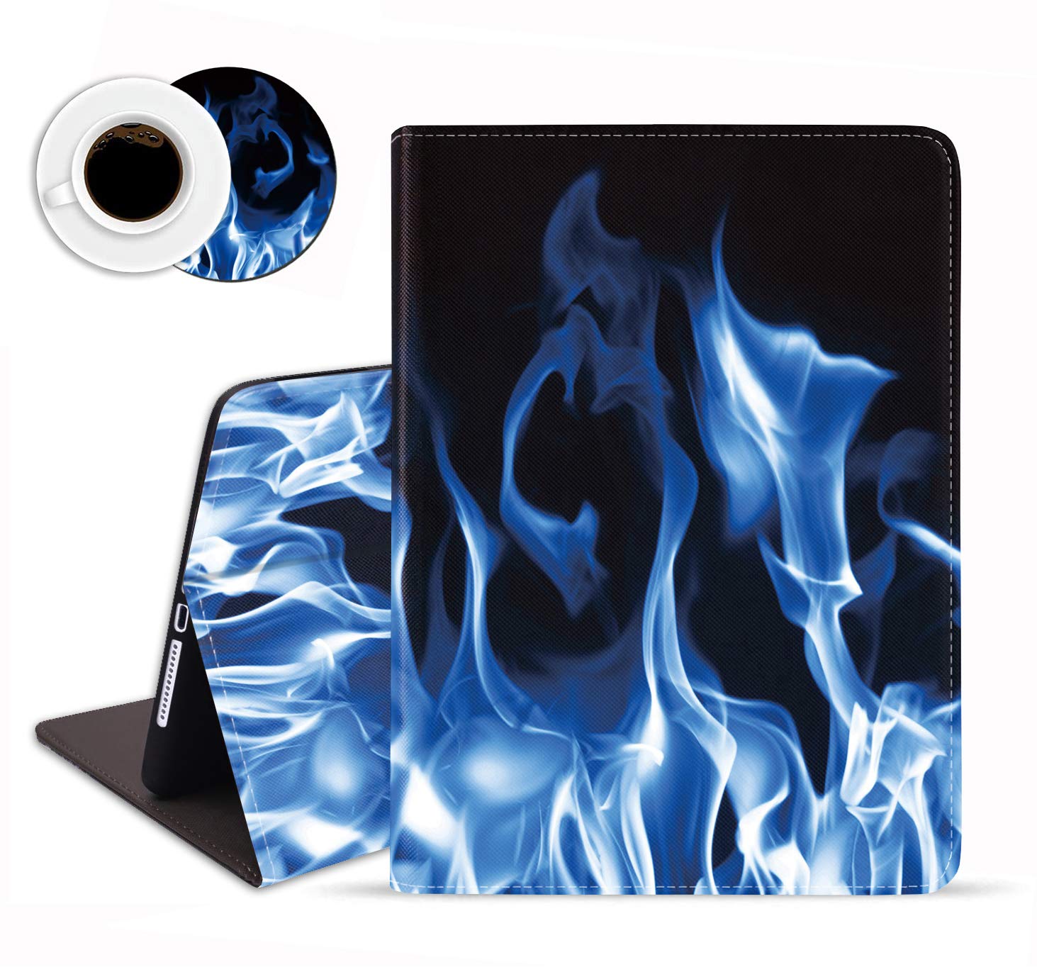 Premium Leather Protective Case for iPad 9.7 (2018/2017), iPad Air 2, iPad Air & iPad Pro 9.7 - Auto Wake/Sleep Smart Cover with Adjustable Stand | Compatible with Apple iPad 6th/5th Gen - Blue Flame Design (Includes Bonus Coasters) | Perfect for Work, Travel & Home Use