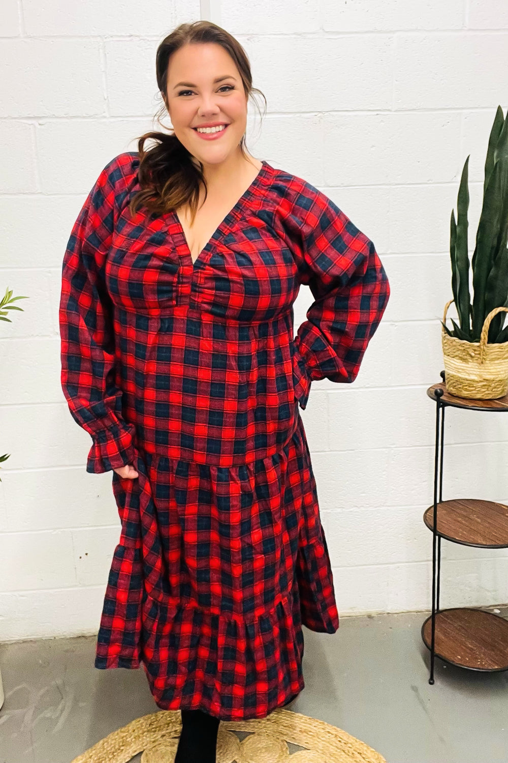 Stylish Red Plaid Elastic V-Neck Tiered Maxi Dress for Women | Flowy Long Summer Dress | Perfect for Beach, Vacation & Casual Outings