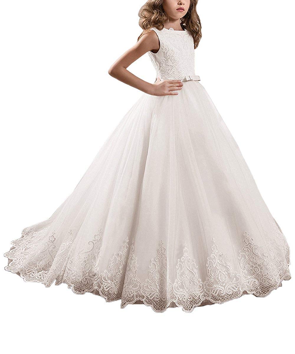 Ivory Long Lace Flower Girl Dresses for Weddings - Champagne Party Dress for Special Occasions, Birthday Celebrations & Formal Events
