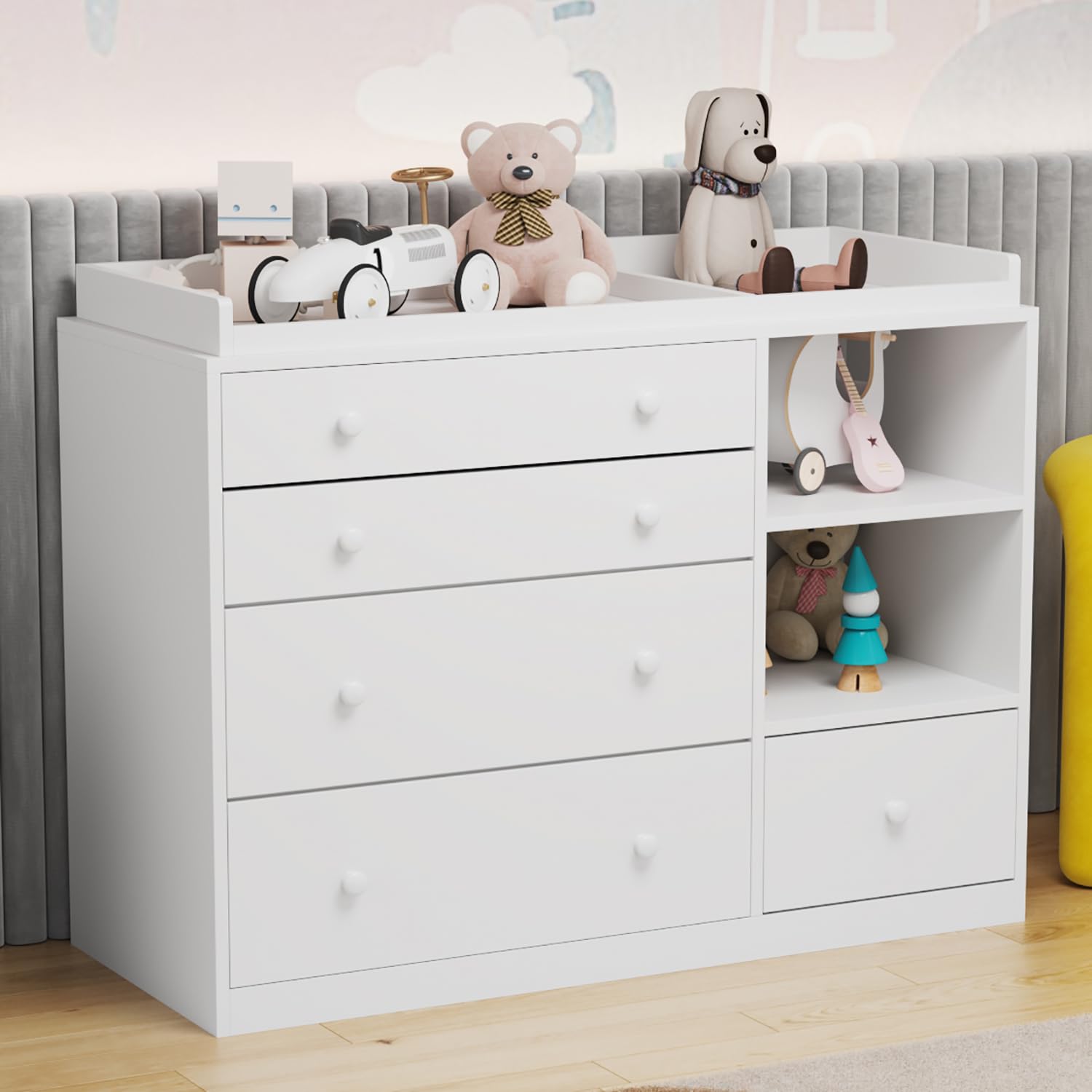 Hitow White Nursery Dresser with 5 Drawers & Open Shelf - Baby Room Dresser with Removable Top, Infant Storage Organizer (47.2