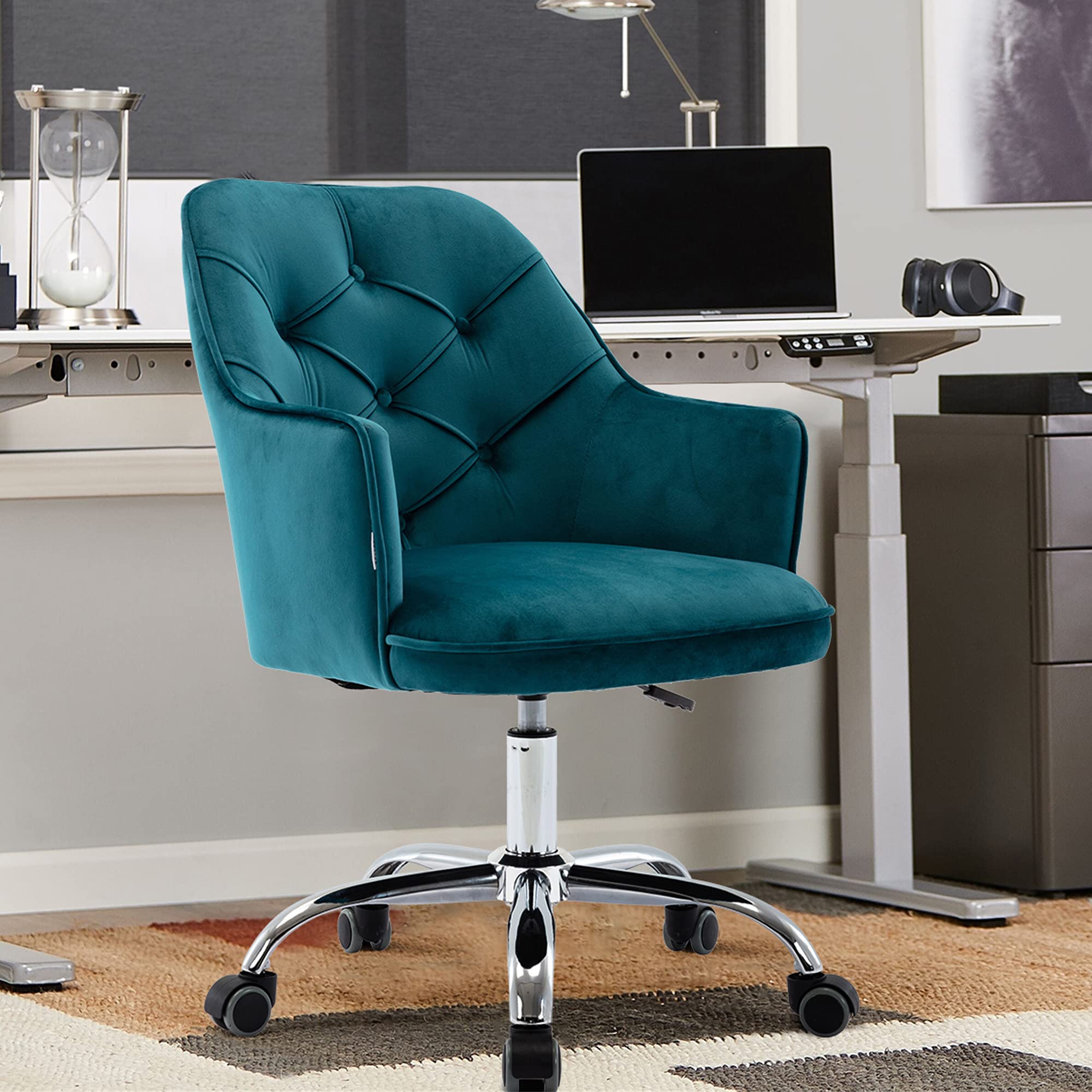Modern Velvet Swivel Office Chair - Ergonomic Tufted Desk Chair for Women & Girls, Home Computer Task Chair with Teal Upholstery & Silver Base - Perfect for Home Office, Bedroom, Living Room & Vanity Area