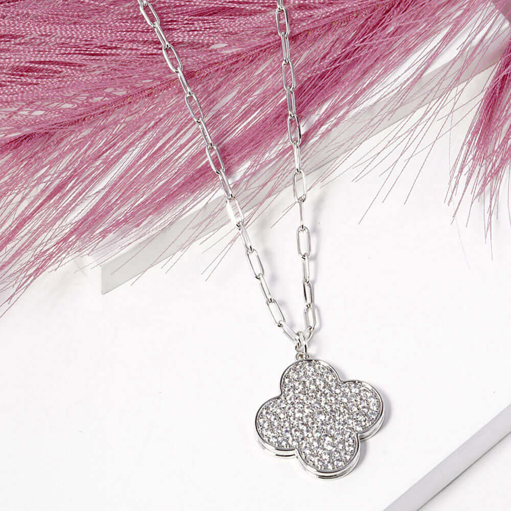 Elegant White Gold Dipped Stone Quatrefoil Pendant Necklace for Women | Perfect for Weddings, Parties & Special Occasions