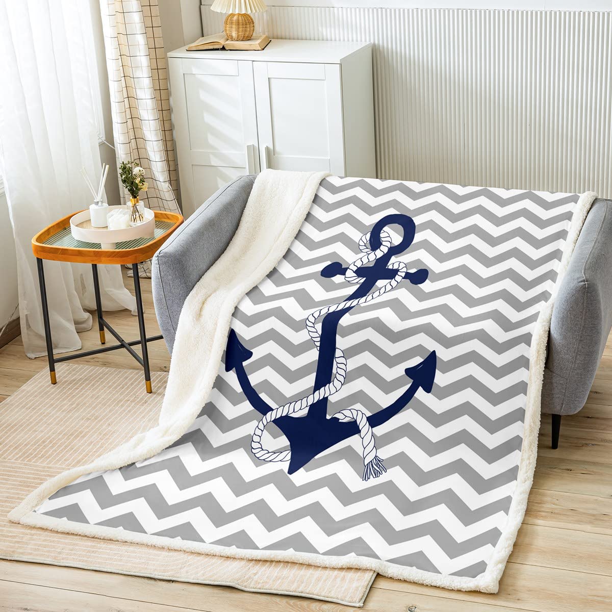 Anchor Print Fleece Throw Blanket - Super Soft Cozy Gray Stripes Sherpa Blanket for Kids, Women & Adults - Nautical Theme Plush Blanket - Ocean Style Fuzzy Blanket for Sofa, Bed & Couch (30x40 Inches) - Perfect for Living Room Decor, Gift Giving & Winter Warmth