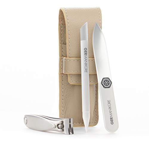 Premium Germanikure Nail Clipper Set - Stainless Steel Nail Clippers, Glass Nail File & Cuticle Tool in Luxury Leather Case | Professional Manicure Kit Made in Germany & Czech Republic | Perfect for Travel, Home & Salon Use