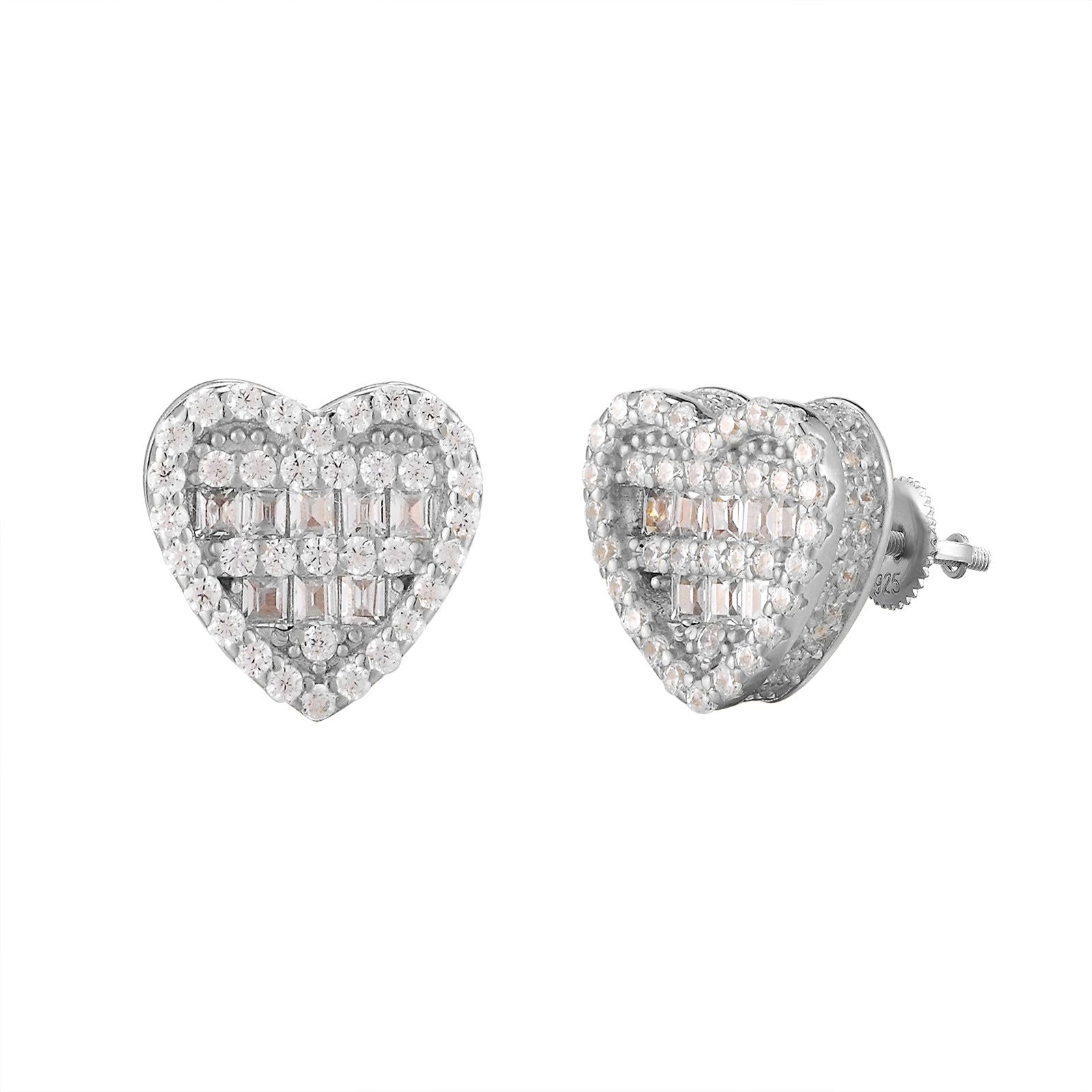 3D Silver Heart Earrings with Baguette Solitaire Rows & Icy Sides - Elegant Jewelry for Valentine's Day, Anniversary & Romantic Date Nights