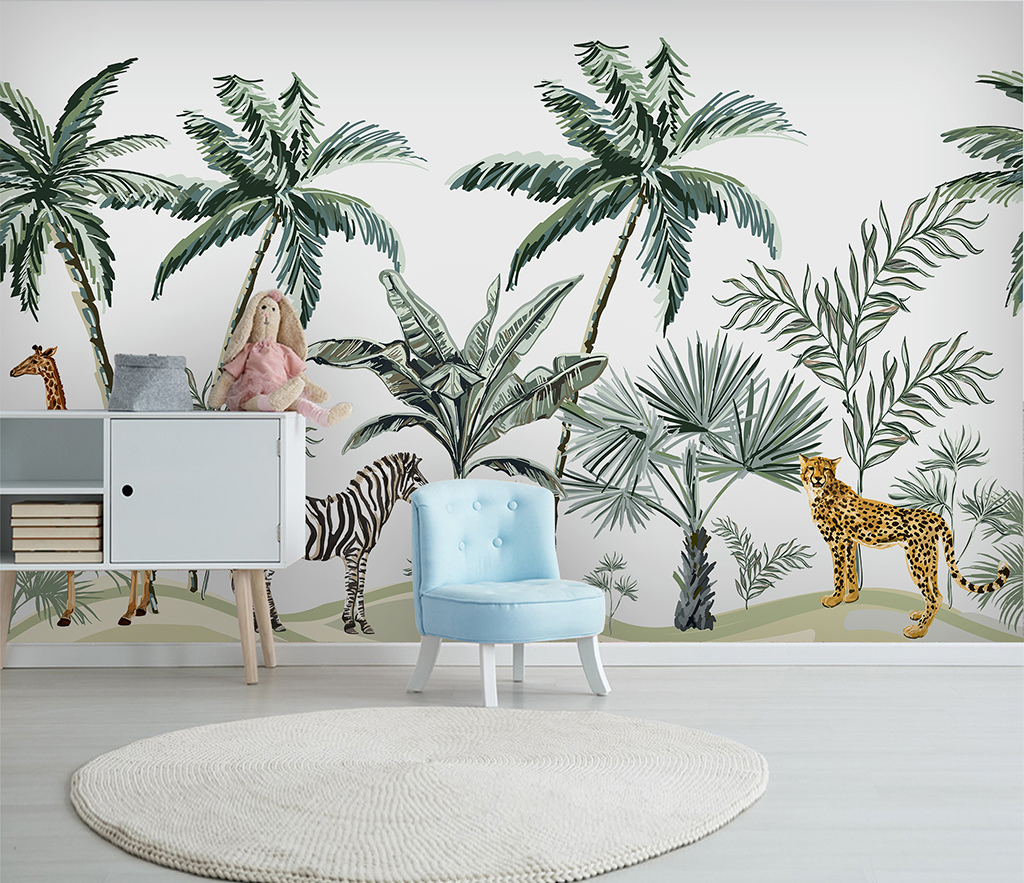 Jungle Safari Wallpaper Murals for Kids Room - Wild Animal Theme Nursery Decor for Boys & Girls - Perfect for Bedroom, Playroom, and Daycare